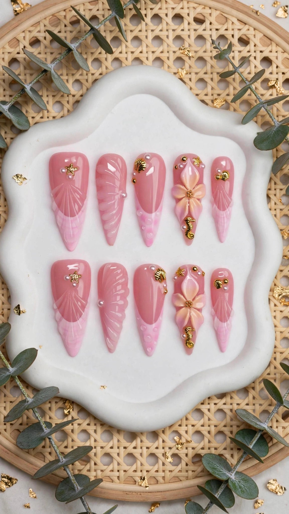 Ocean Theme Almond Press-On Nails – Nude & Pink with French Tips