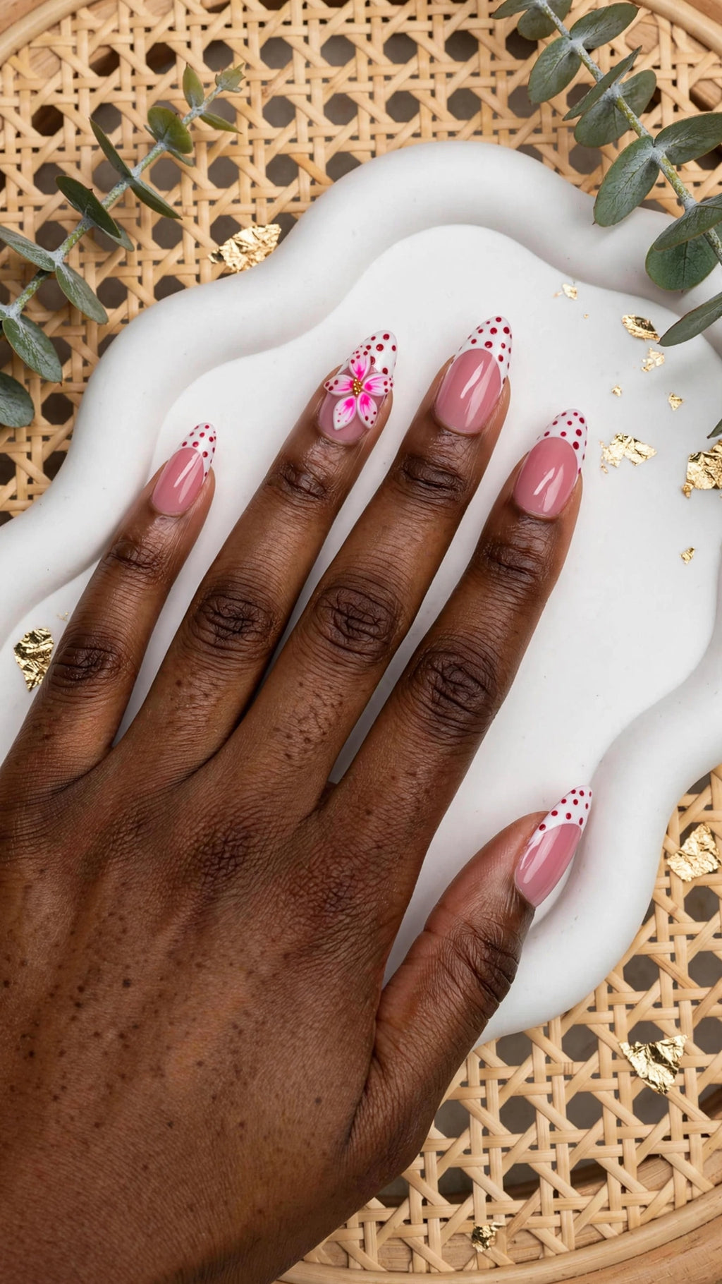 Almond-Shaped Press-On Nails – Nude & White with French Tips | Polka Dots & Carved Design