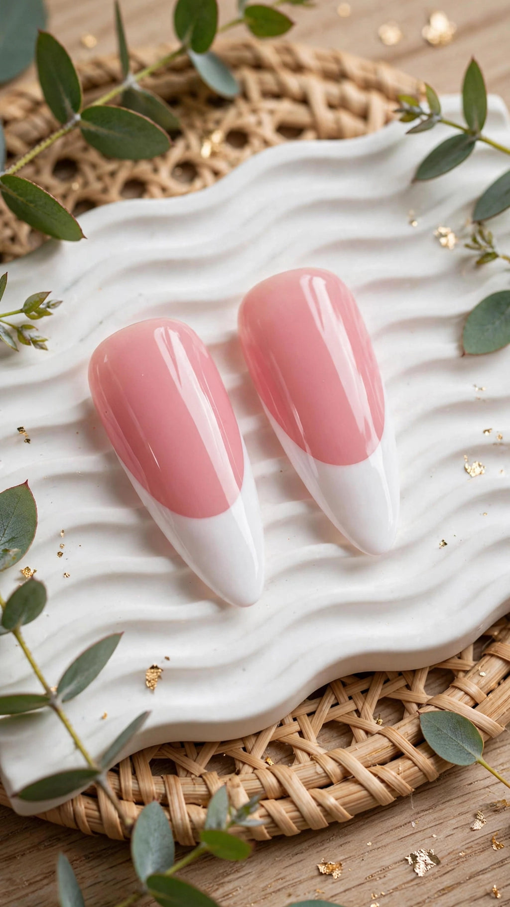 Almond-Shaped Press-On Nails – Nude & White French Tip Design (10pcs)