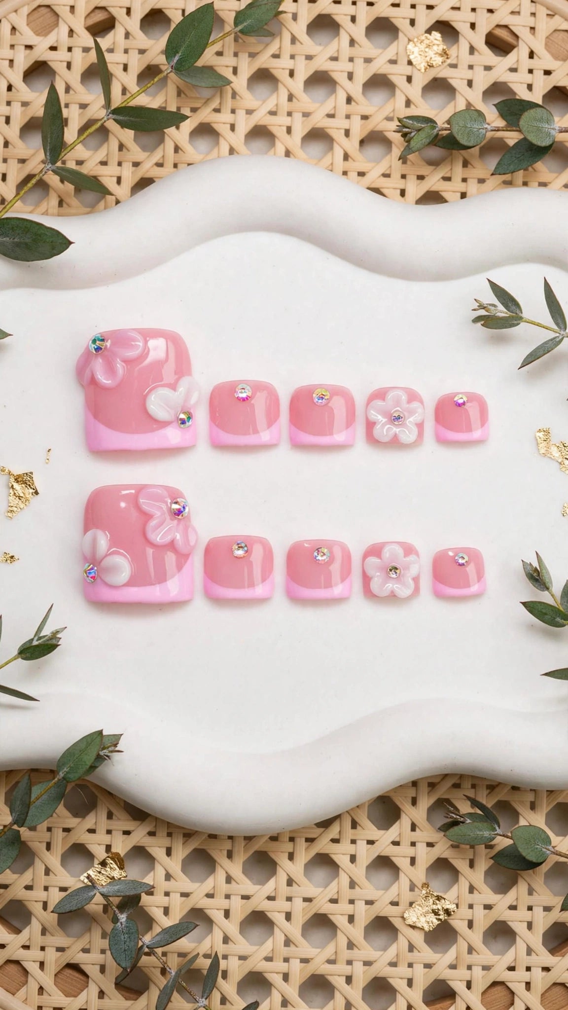 Handmade Press-On Nails – Nude & Pink Floral French Tips
