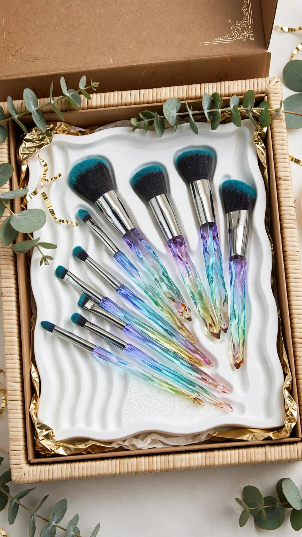 10pcs Asymmetrical Rhinestone Crystal Handle Makeup Brush Set – Super Soft Nylon Hair