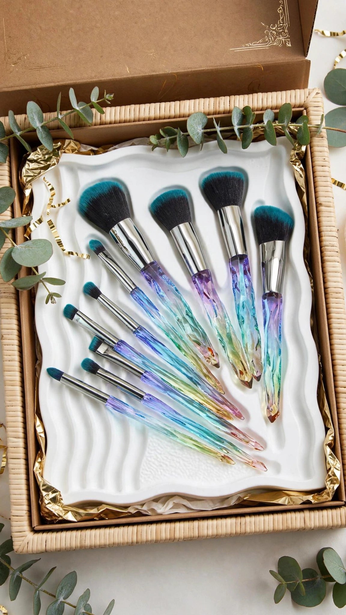 10pcs Asymmetrical Rhinestone Crystal Handle Makeup Brush Set – Super Soft Nylon Hair