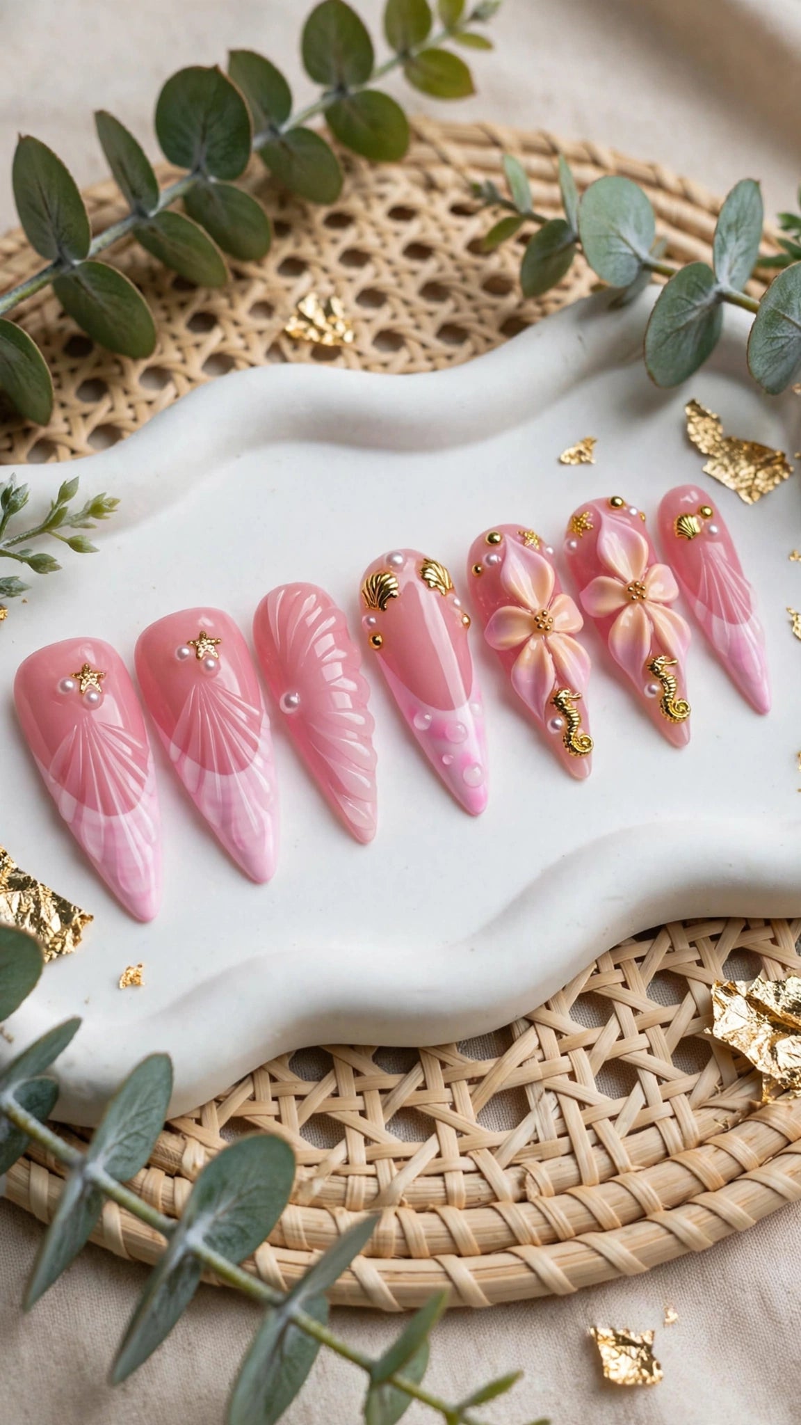 Ocean Theme Almond Press-On Nails – Nude & Pink with French Tips