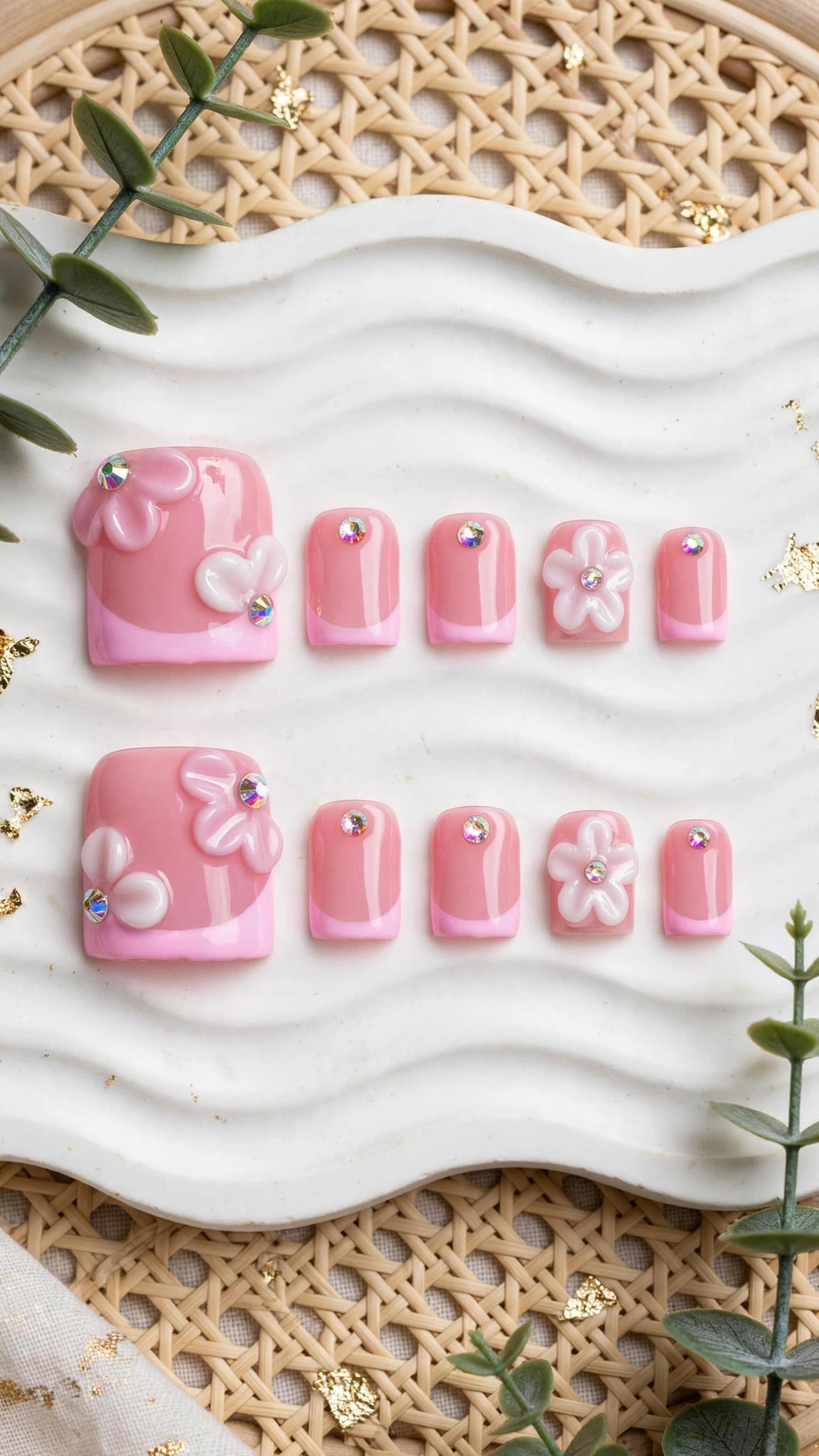 Handmade Press-On Nails – Nude & Pink Floral French Tips