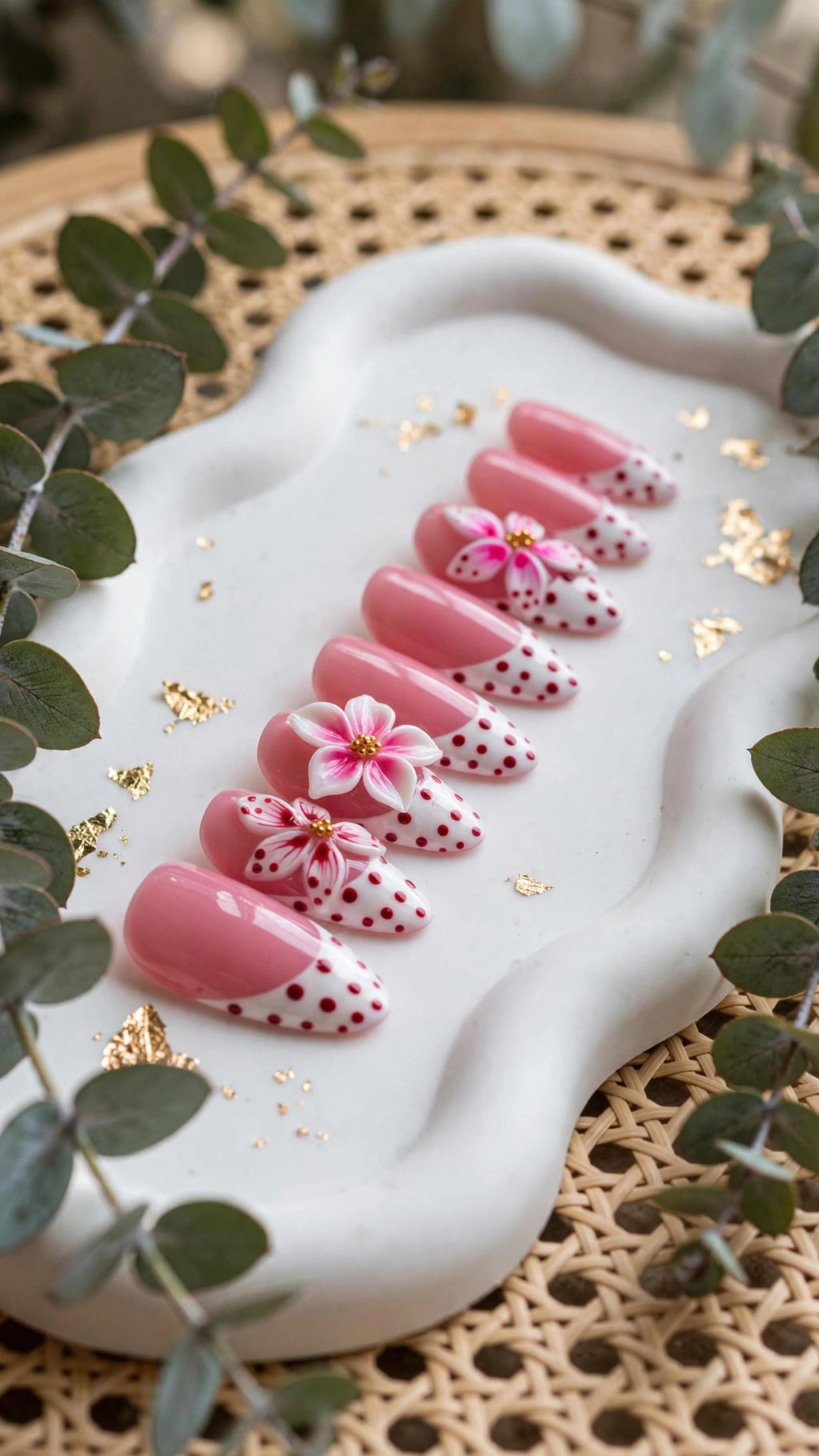 Almond-Shaped Press-On Nails – Nude & White with French Tips | Polka Dots & Carved Design