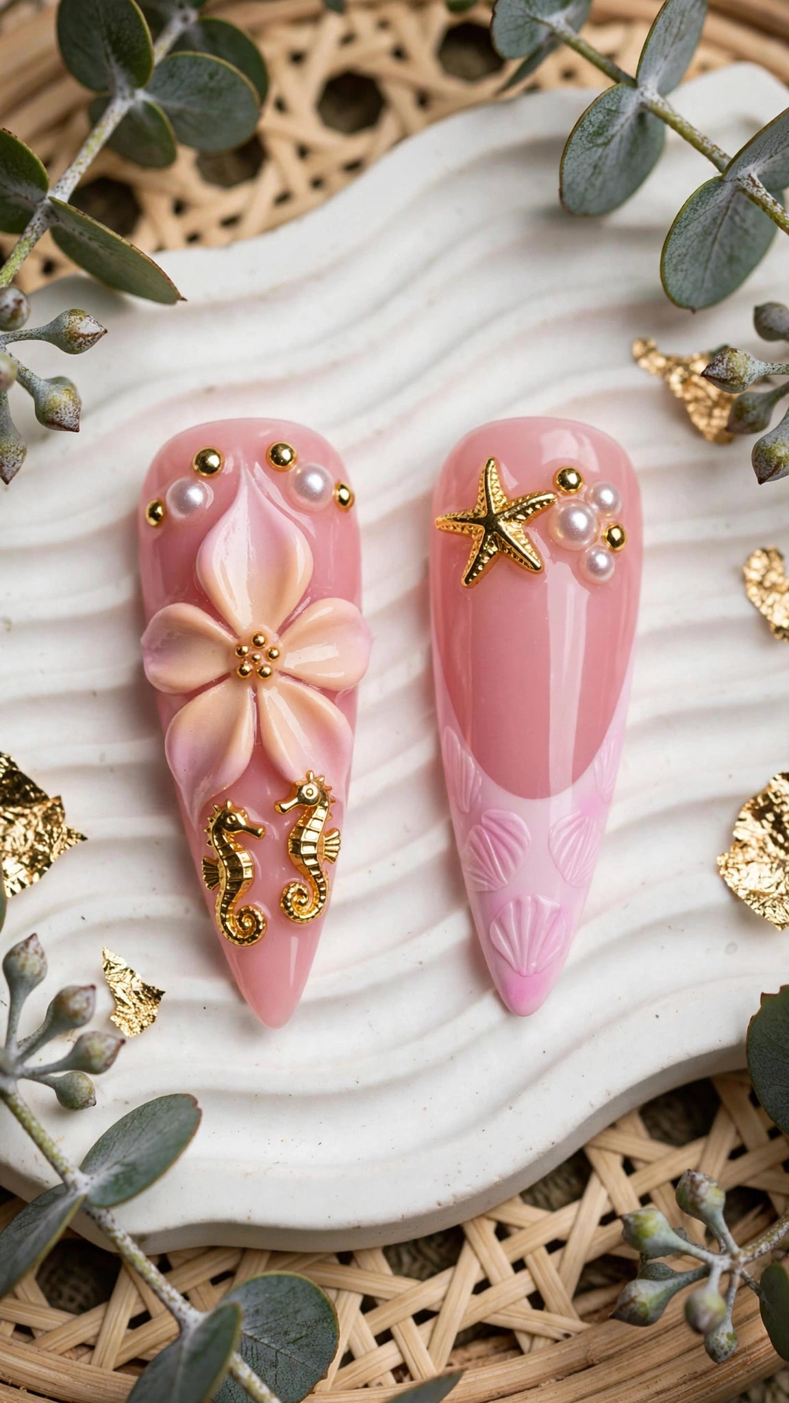 Ocean Theme Almond Press-On Nails – Nude & Pink with French Tips