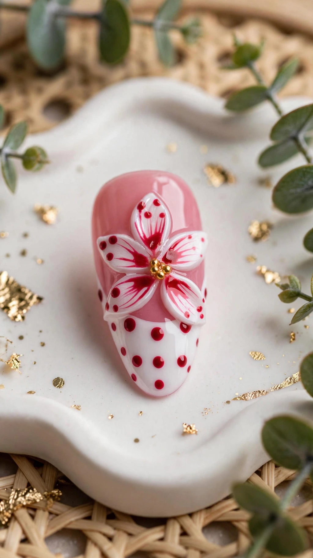Almond-Shaped Press-On Nails – Nude & White with French Tips | Polka Dots & Carved Design