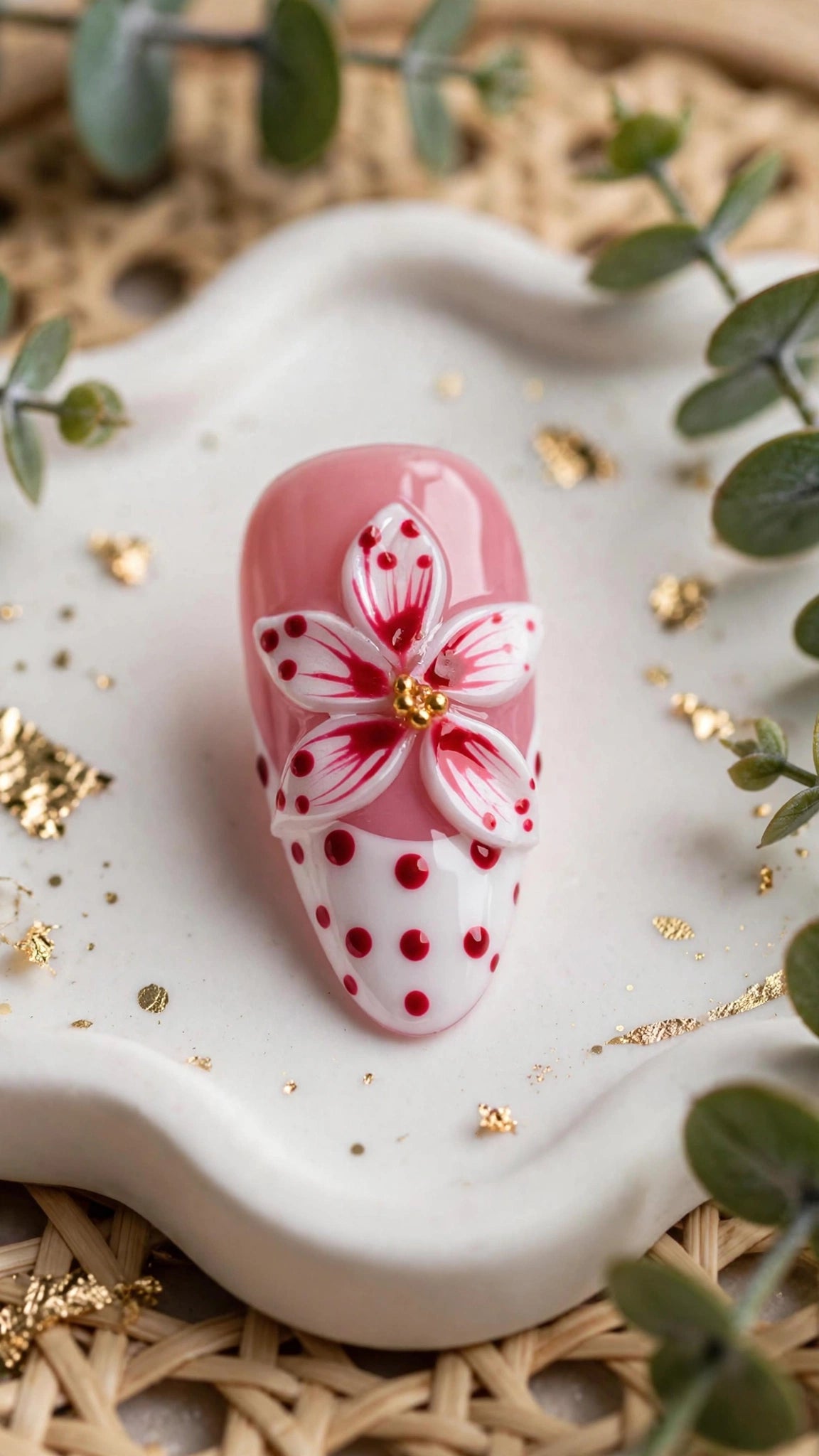 Almond-Shaped Press-On Nails – Nude & White with French Tips | Polka Dots & Carved Design