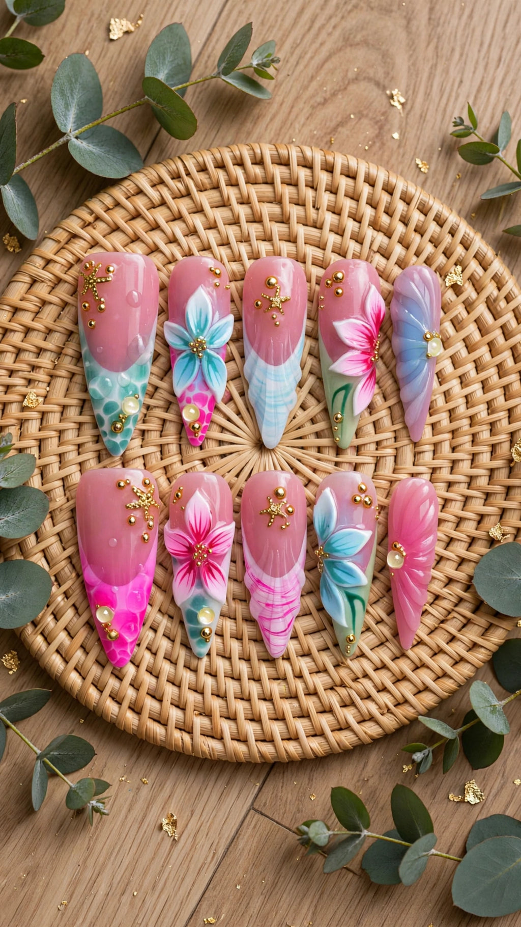 Almond-Shaped Press-On Nails – Nude, Pink, Blue & Red with French Tips