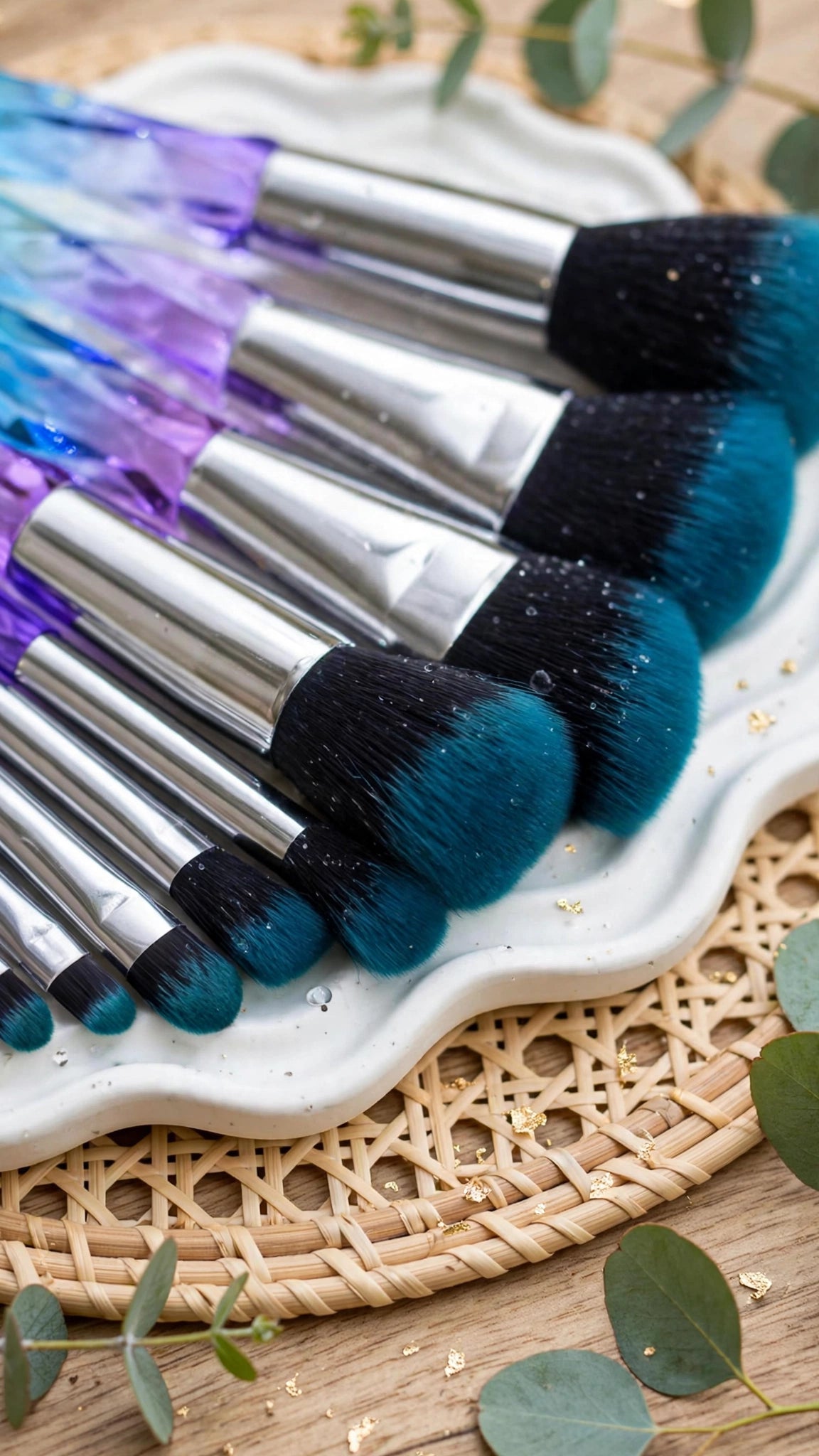10pcs Asymmetrical Rhinestone Crystal Handle Makeup Brush Set – Super Soft Nylon Hair