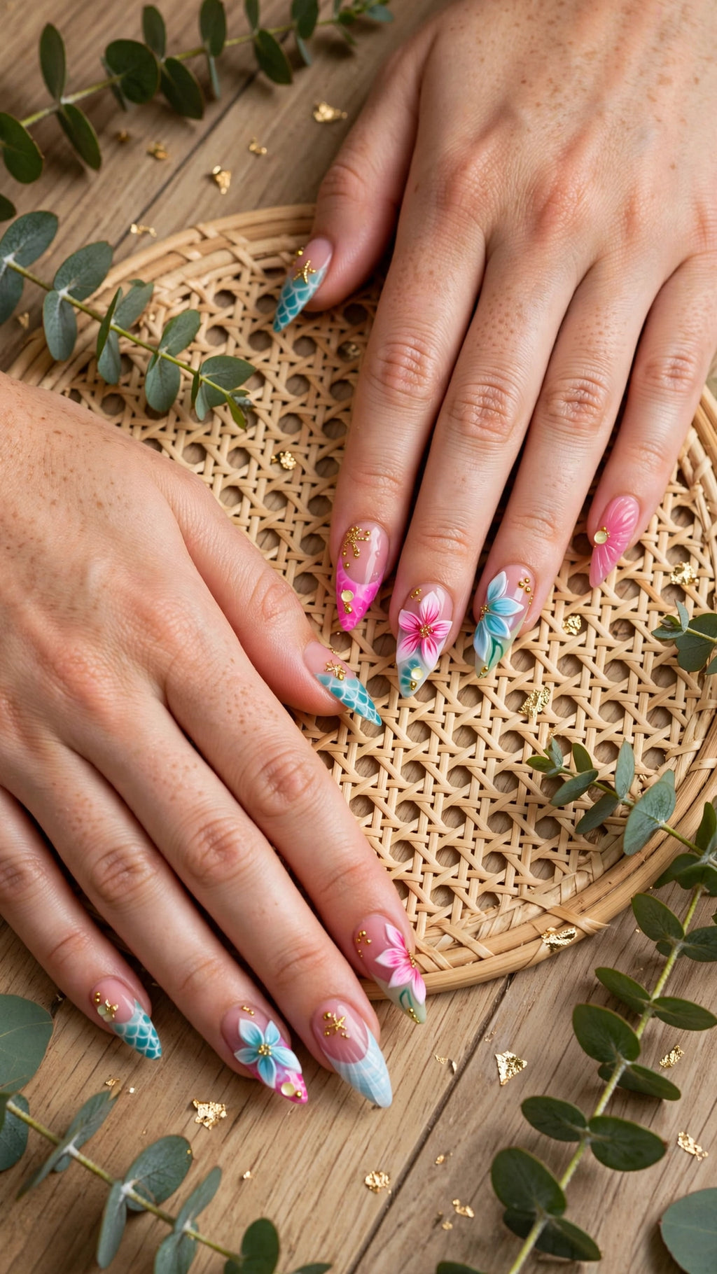 Almond-Shaped Press-On Nails – Nude, Pink, Blue & Red with French Tips