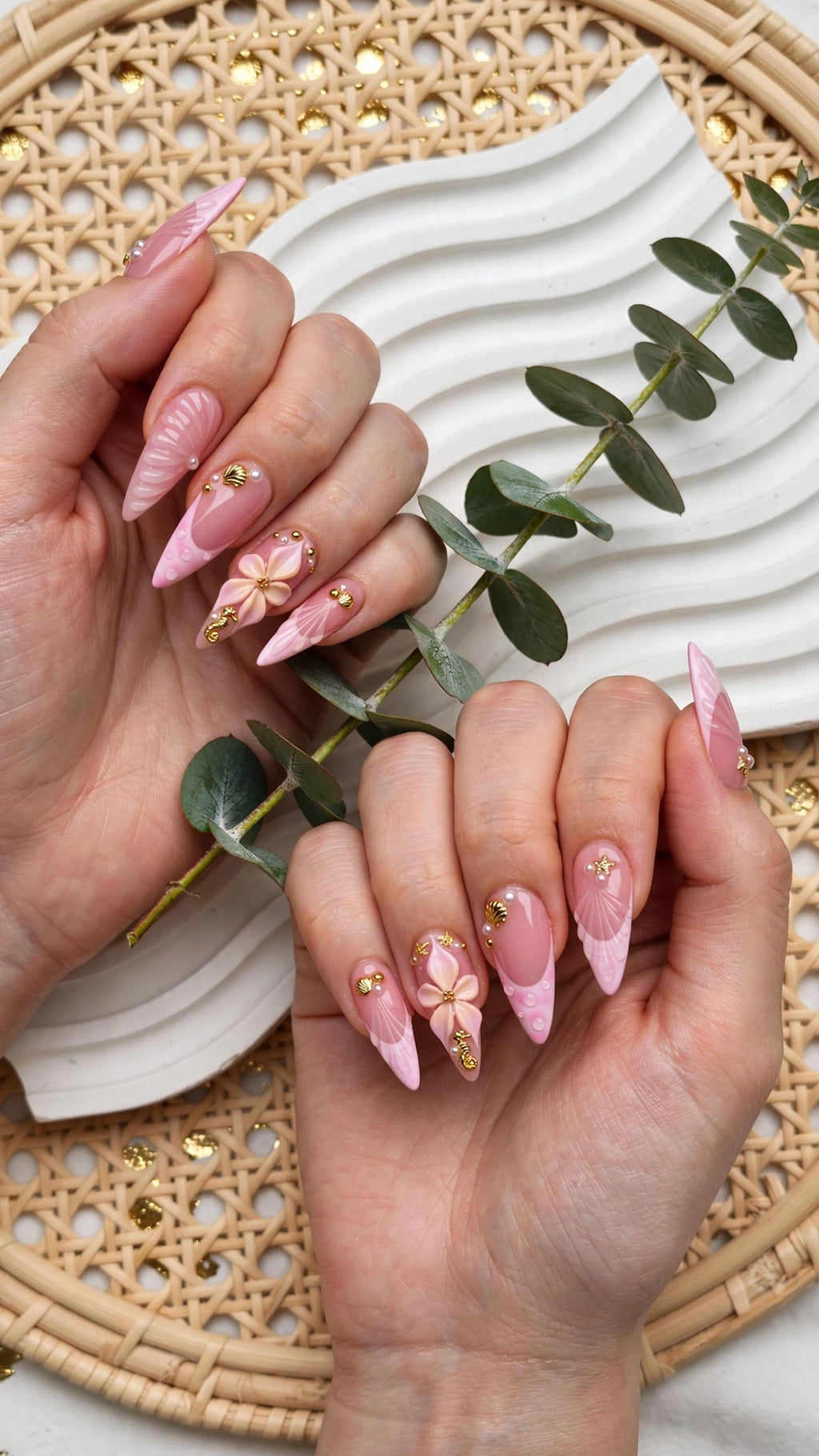 Ocean Theme Almond Press-On Nails – Nude & Pink with French Tips