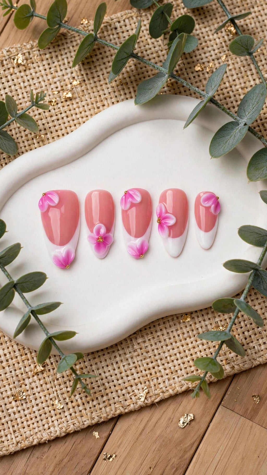 Almond-Shaped Press-On Nails – White & Nude French Tip with Carved Design (10pcs)