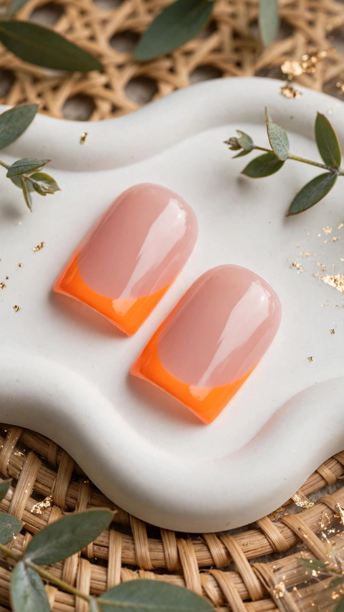 Square Press-On Nails – Fluorescent Orange & Nude French Edge (10pcs, 3 Sizes)