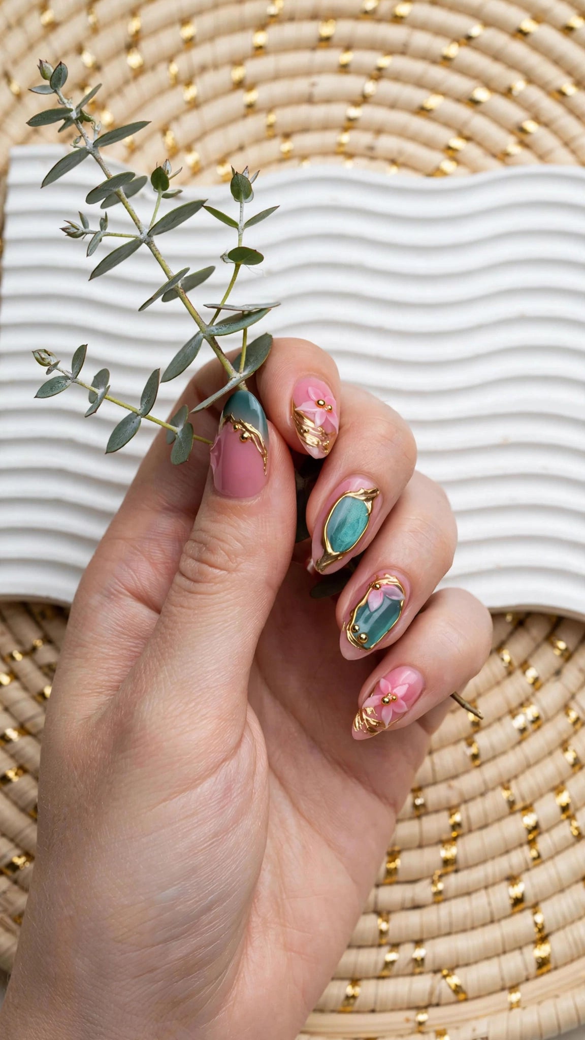 Press-On Nails – Nude, Blue & Gold with French Tips | Cat Eye & Liquid Metal Design
