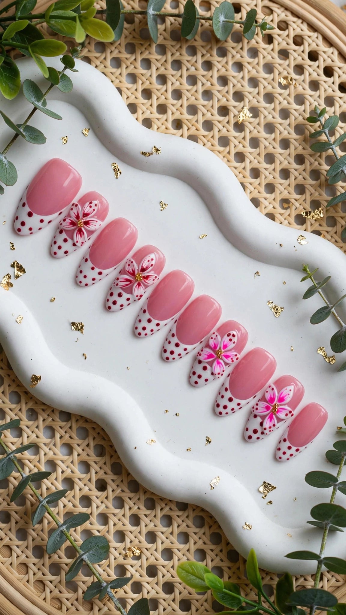 Almond-Shaped Press-On Nails – Nude & White with French Tips | Polka Dots & Carved Design