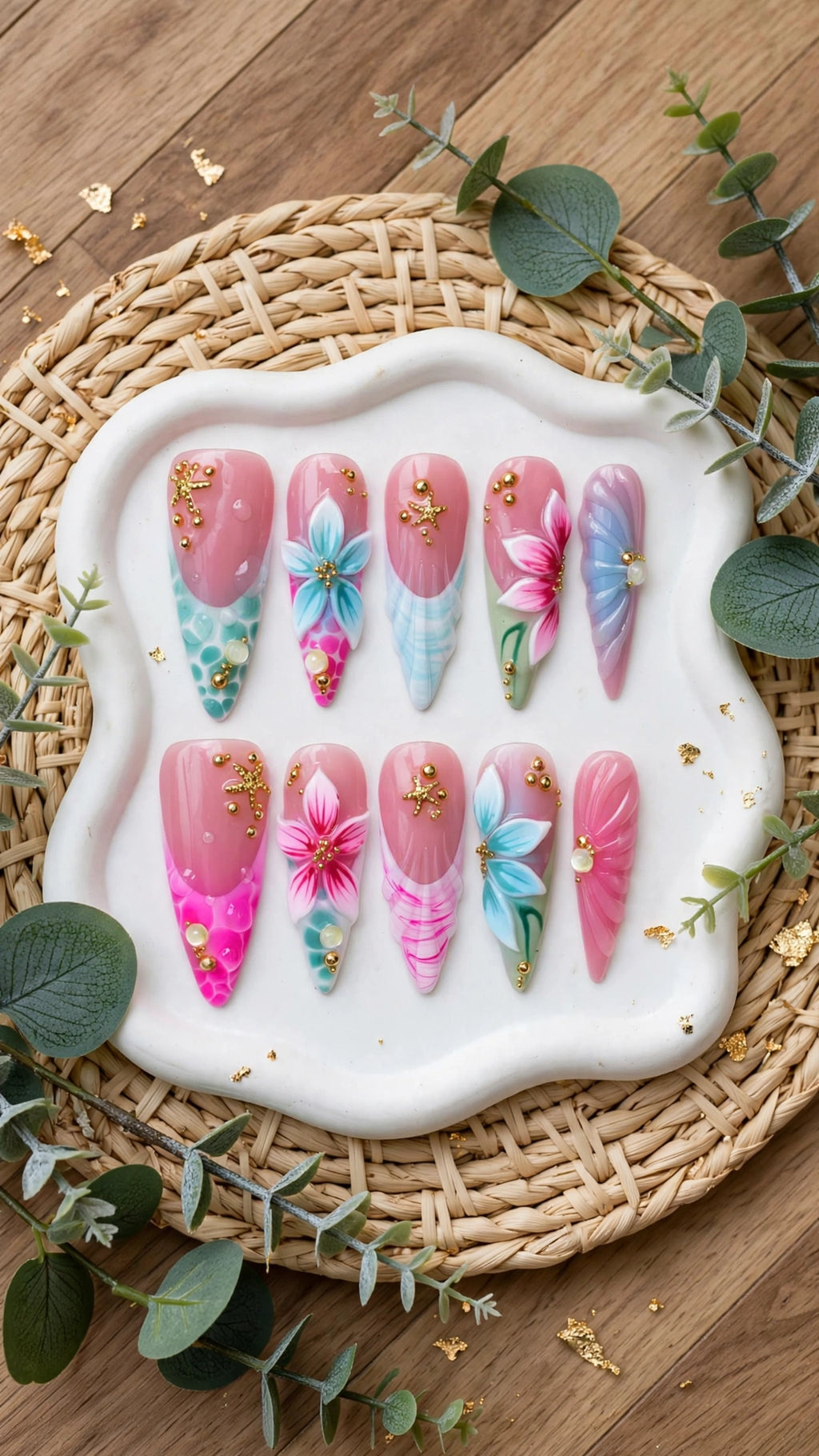 Almond-Shaped Press-On Nails – Nude, Pink, Blue & Red with French Tips