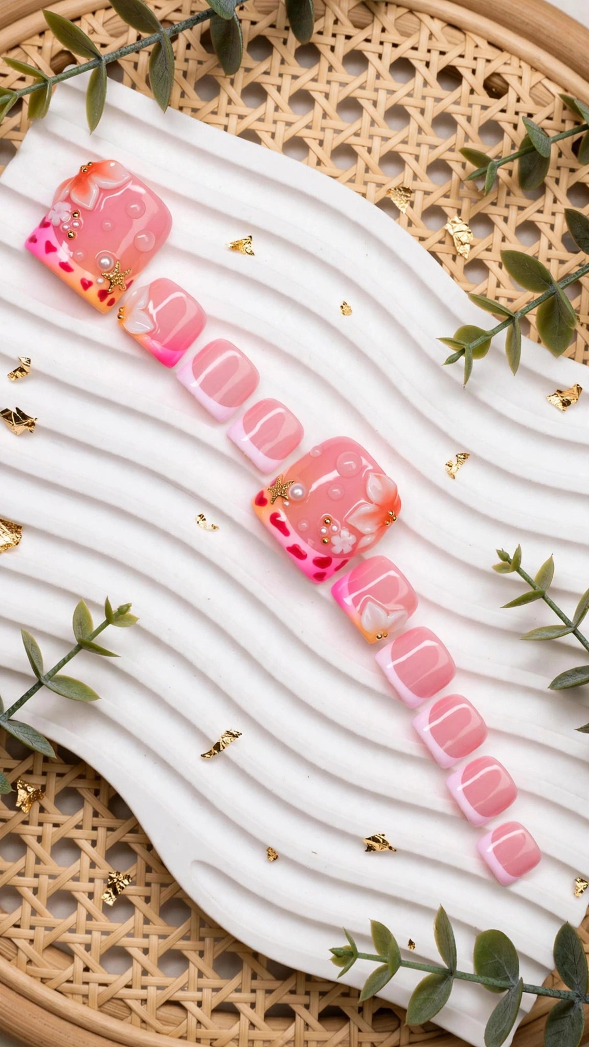 Handmade Press-On Nails – Nude & Pink with French Tips | Cow Print, Starfish & Pearl Design