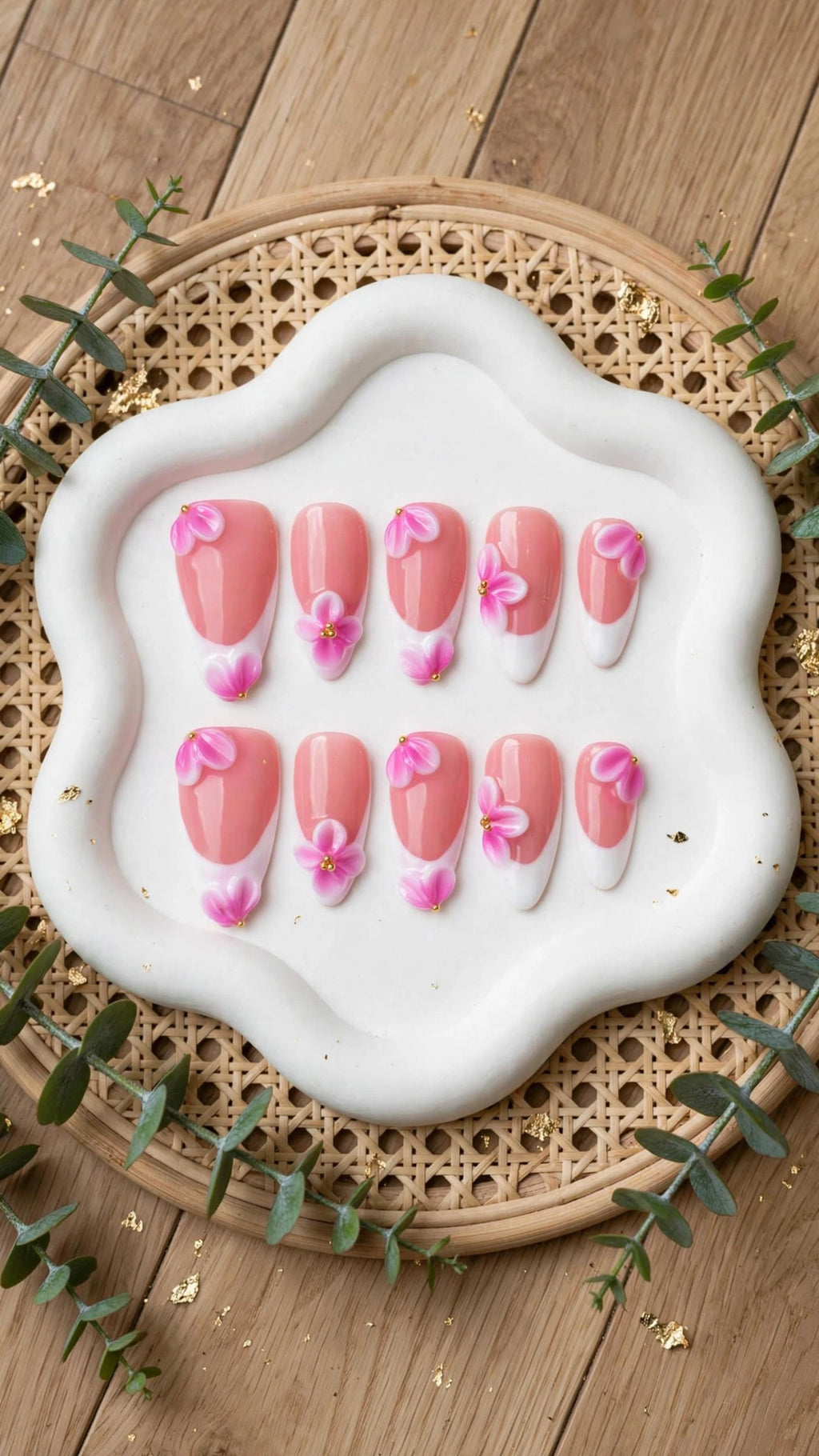 Almond-Shaped Press-On Nails – White & Nude French Tip with Carved Design (10pcs)