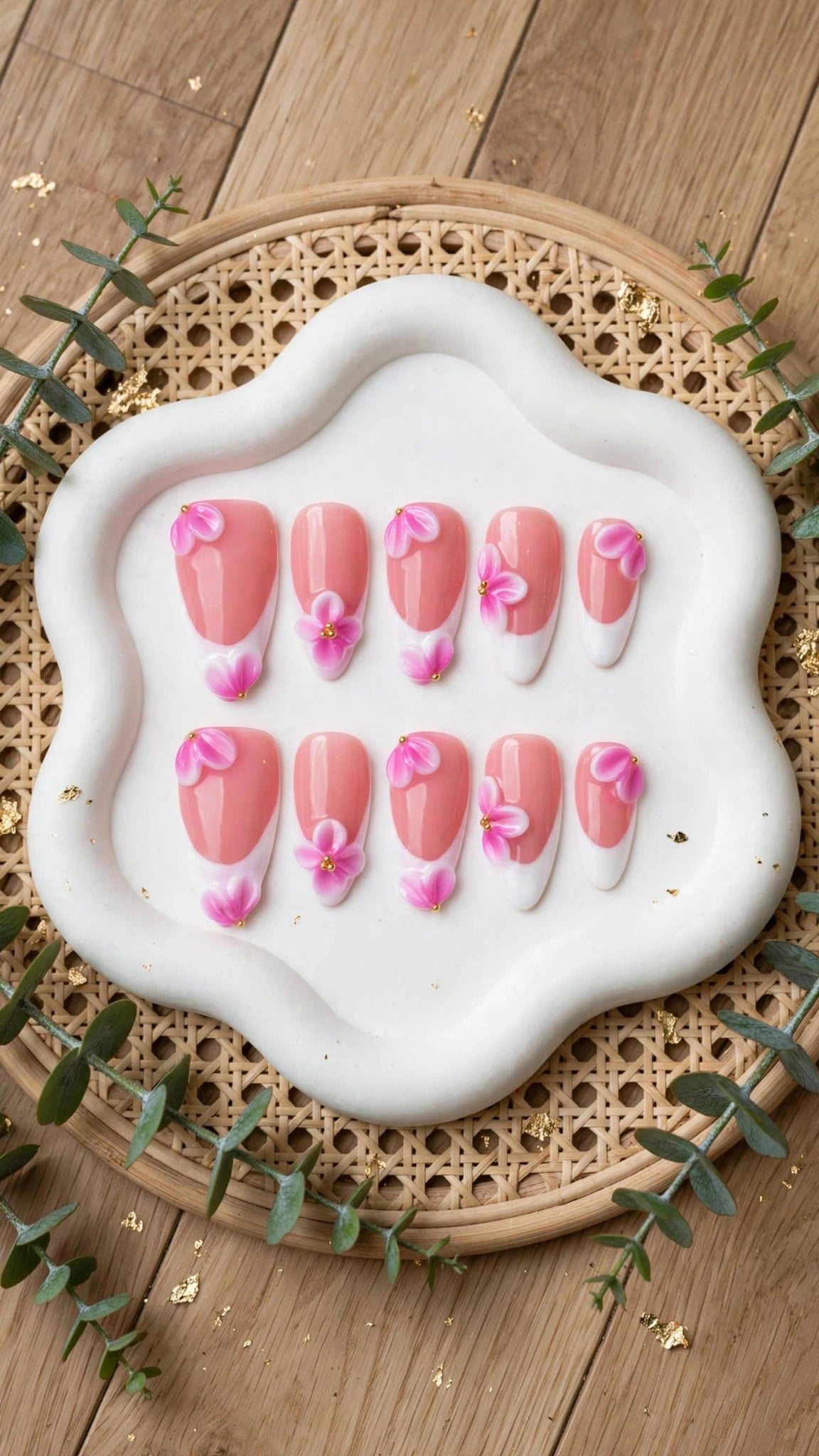 Almond-Shaped Press-On Nails – White & Nude French Tip with Carved Design (10pcs)