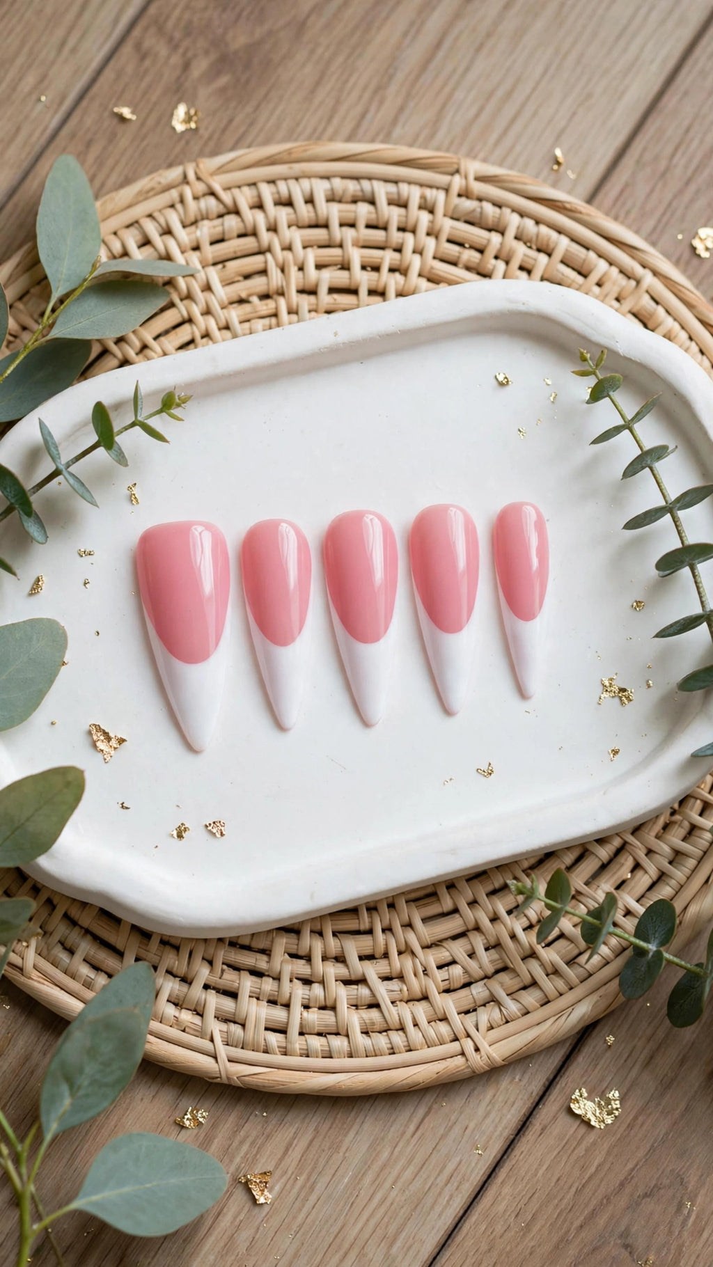 Almond-Shaped Press-On Nails – Nude & White French Tip Design (10pcs)
