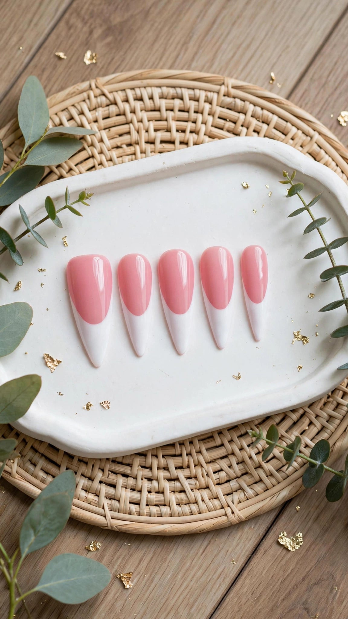 Almond-Shaped Press-On Nails – Nude & White French Tip Design (10pcs)