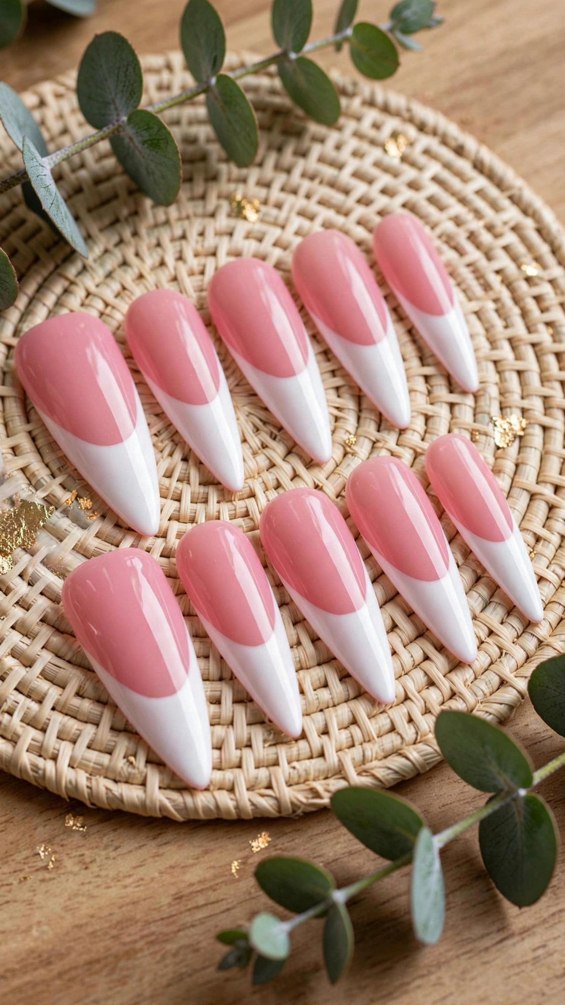 Almond-Shaped Press-On Nails – Nude & White French Tip Design (10pcs)