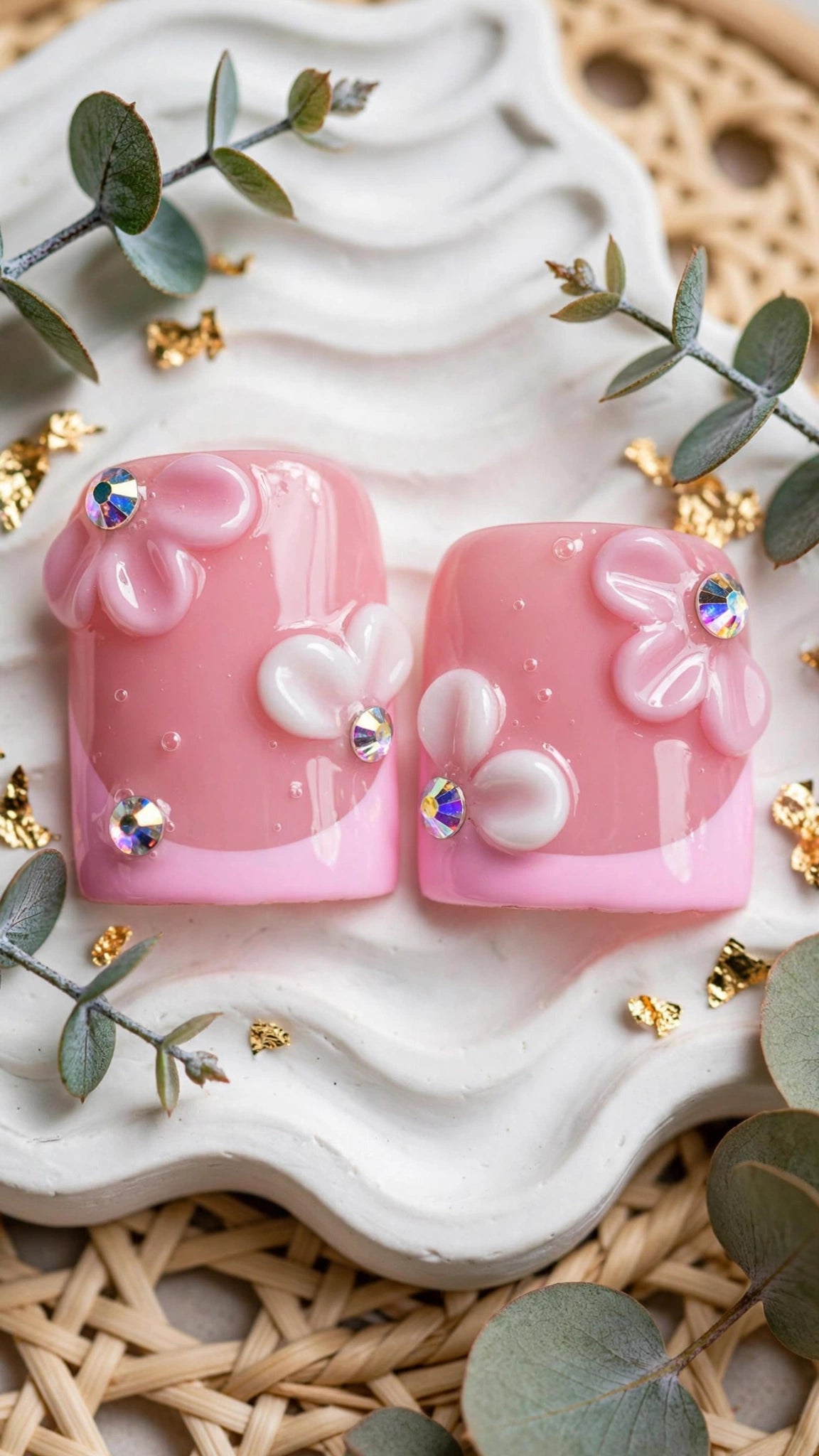 Handmade Press-On Nails – Nude & Pink Floral French Tips