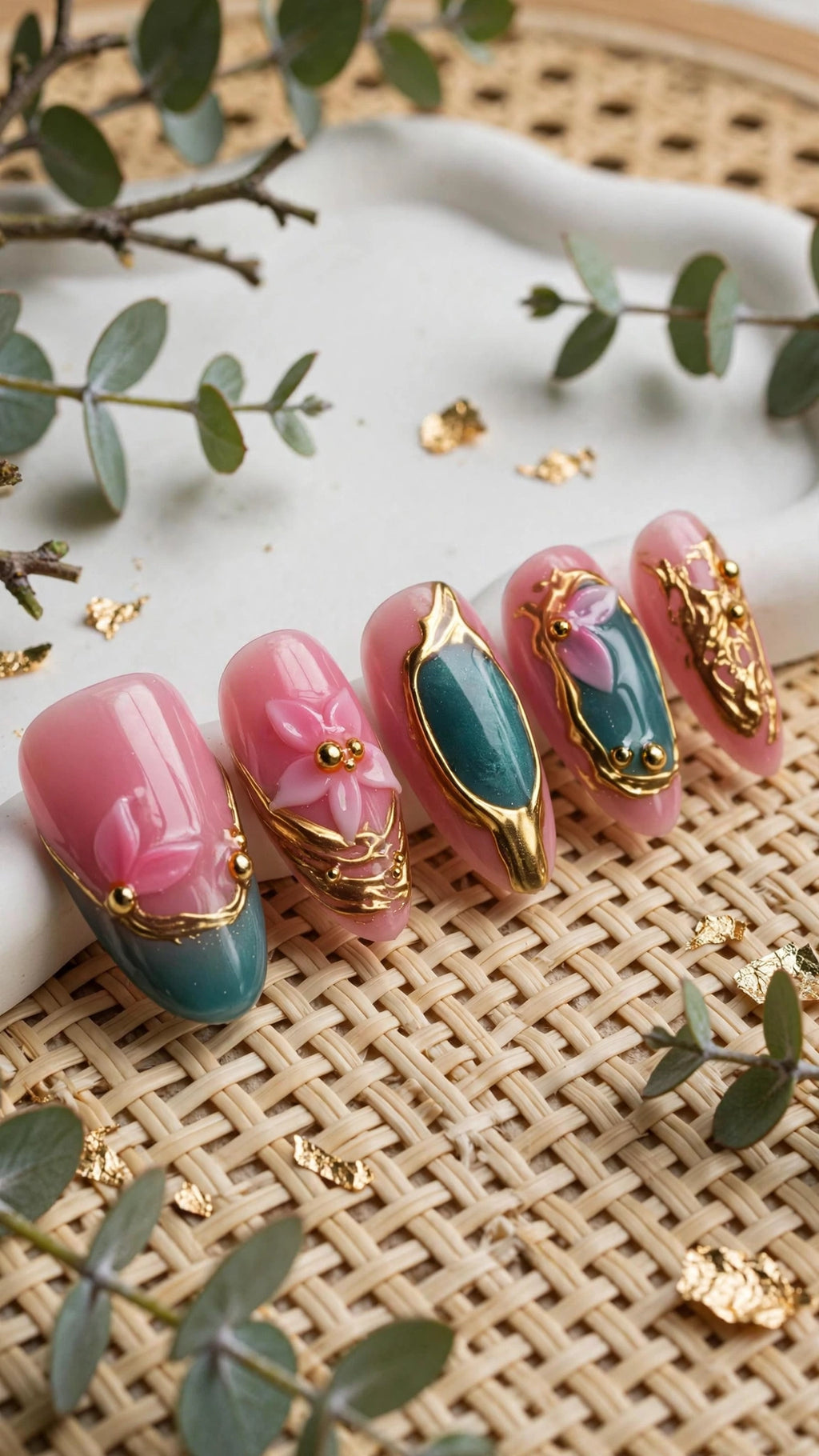 Press-On Nails – Nude, Blue & Gold with French Tips | Cat Eye & Liquid Metal Design
