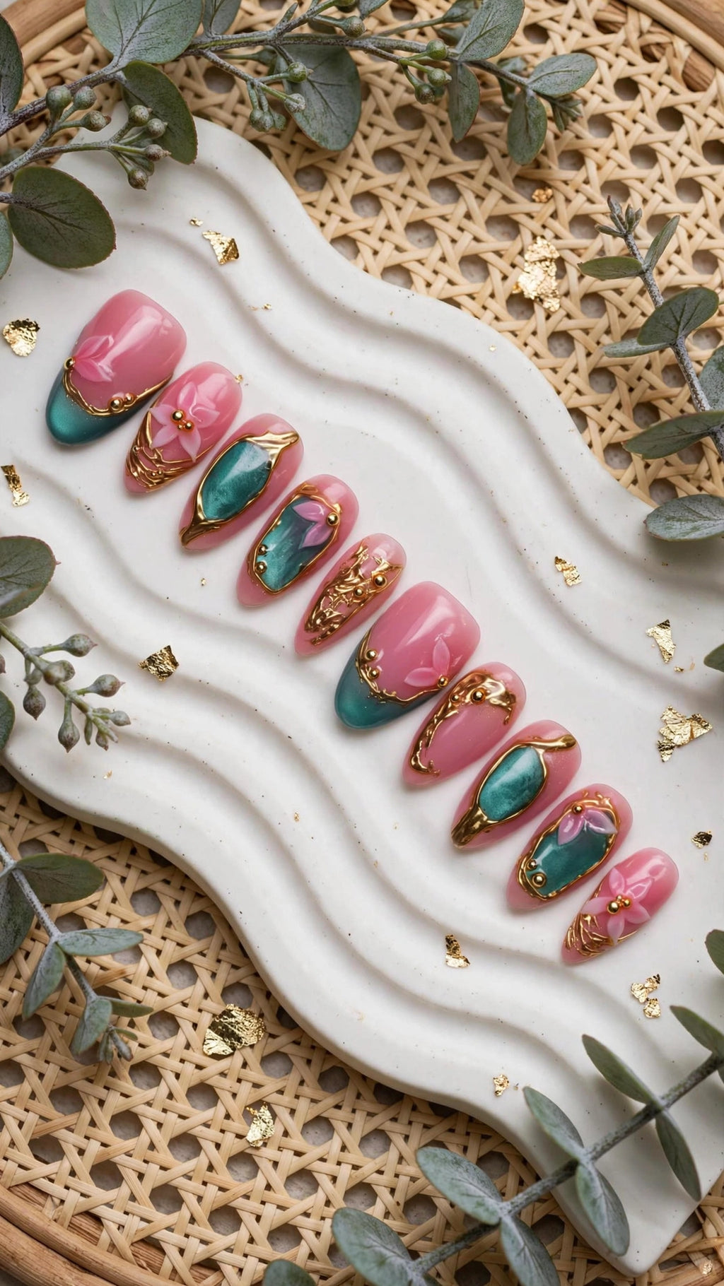 Press-On Nails – Nude, Blue & Gold with French Tips | Cat Eye & Liquid Metal Design