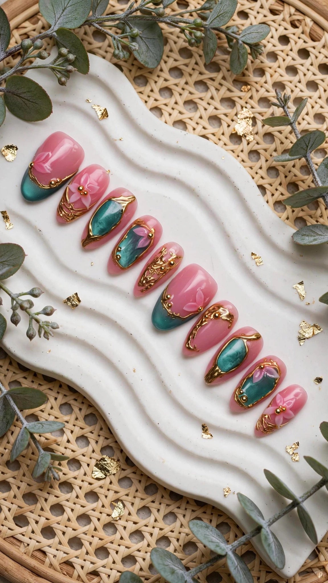 Press-On Nails – Nude, Blue & Gold with French Tips | Cat Eye & Liquid Metal Design