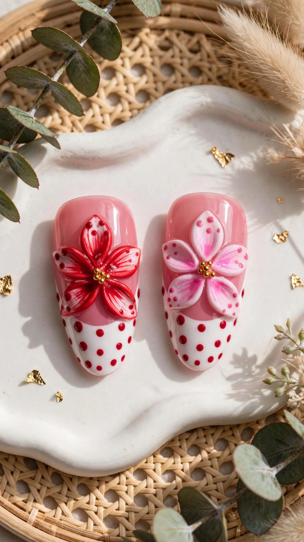 Almond-Shaped Press-On Nails – Nude & White with French Tips | Polka Dots & Carved Design