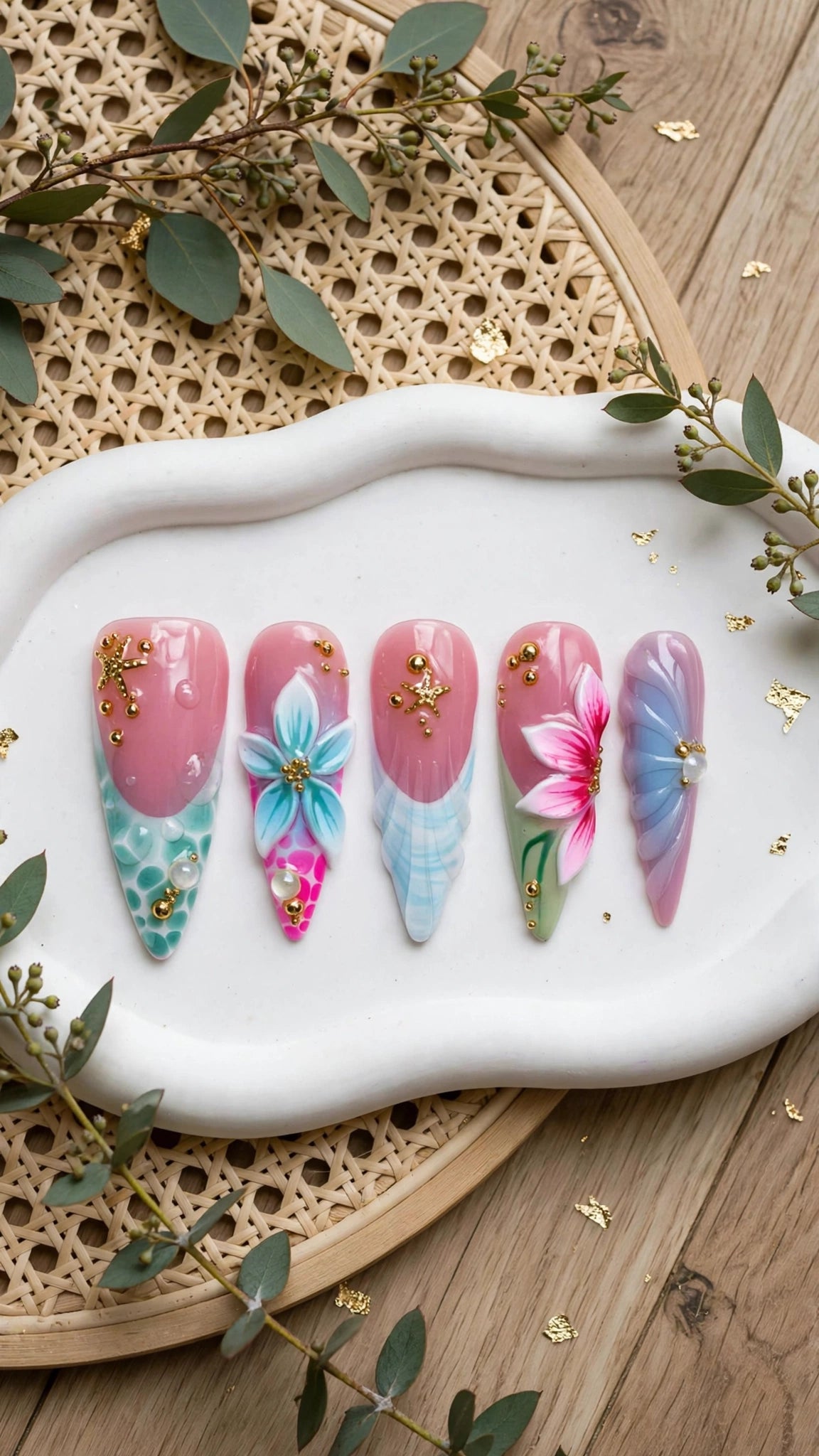 Almond-Shaped Press-On Nails – Nude, Pink, Blue & Red with French Tips
