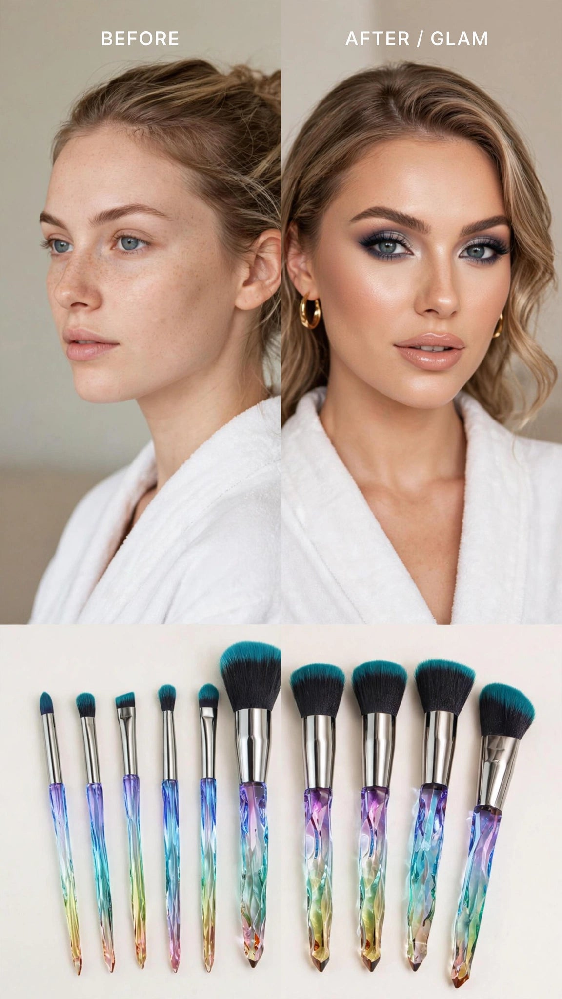 10pcs Asymmetrical Rhinestone Crystal Handle Makeup Brush Set – Super Soft Nylon Hair