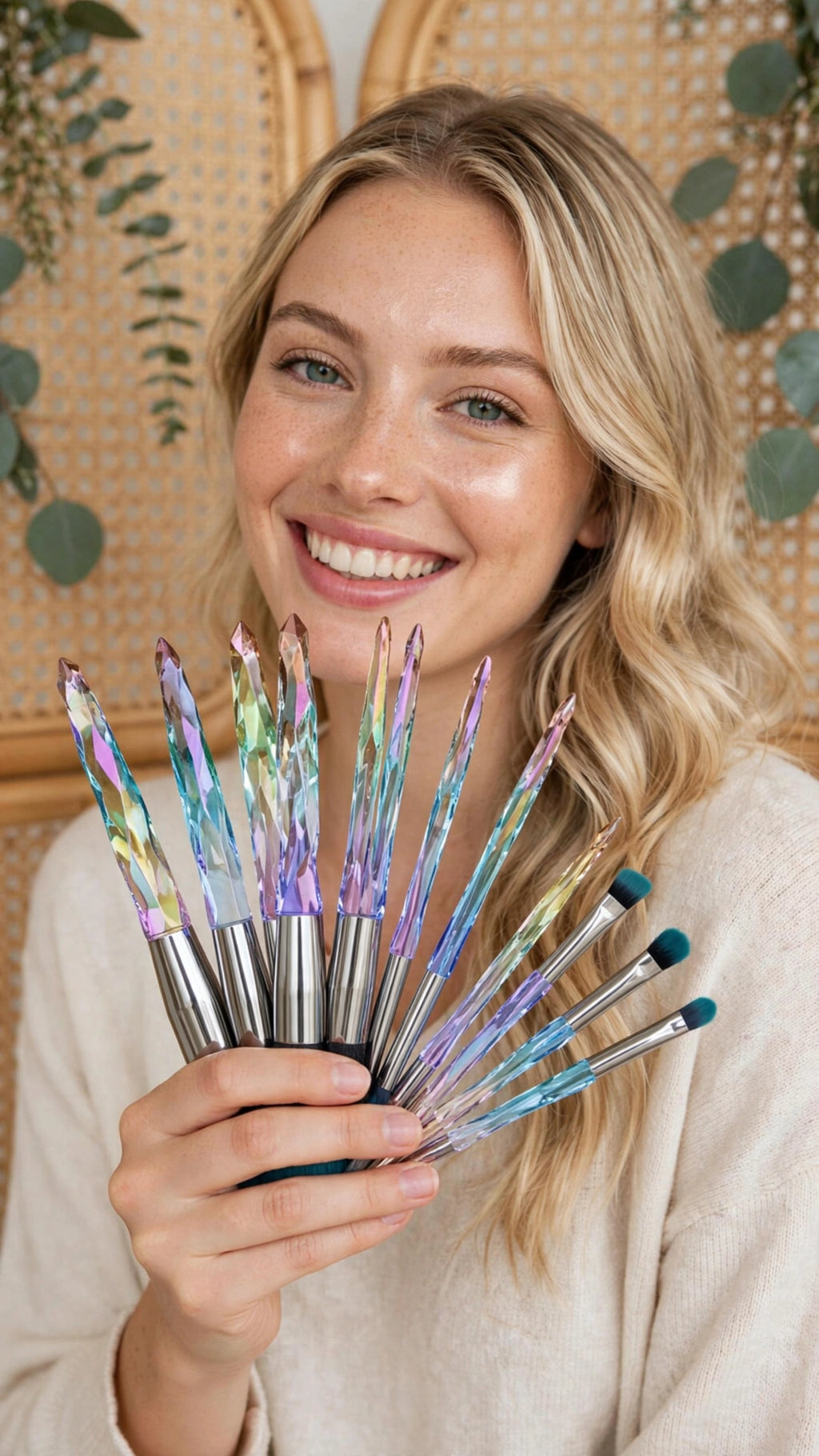 10pcs Asymmetrical Rhinestone Crystal Handle Makeup Brush Set – Super Soft Nylon Hair
