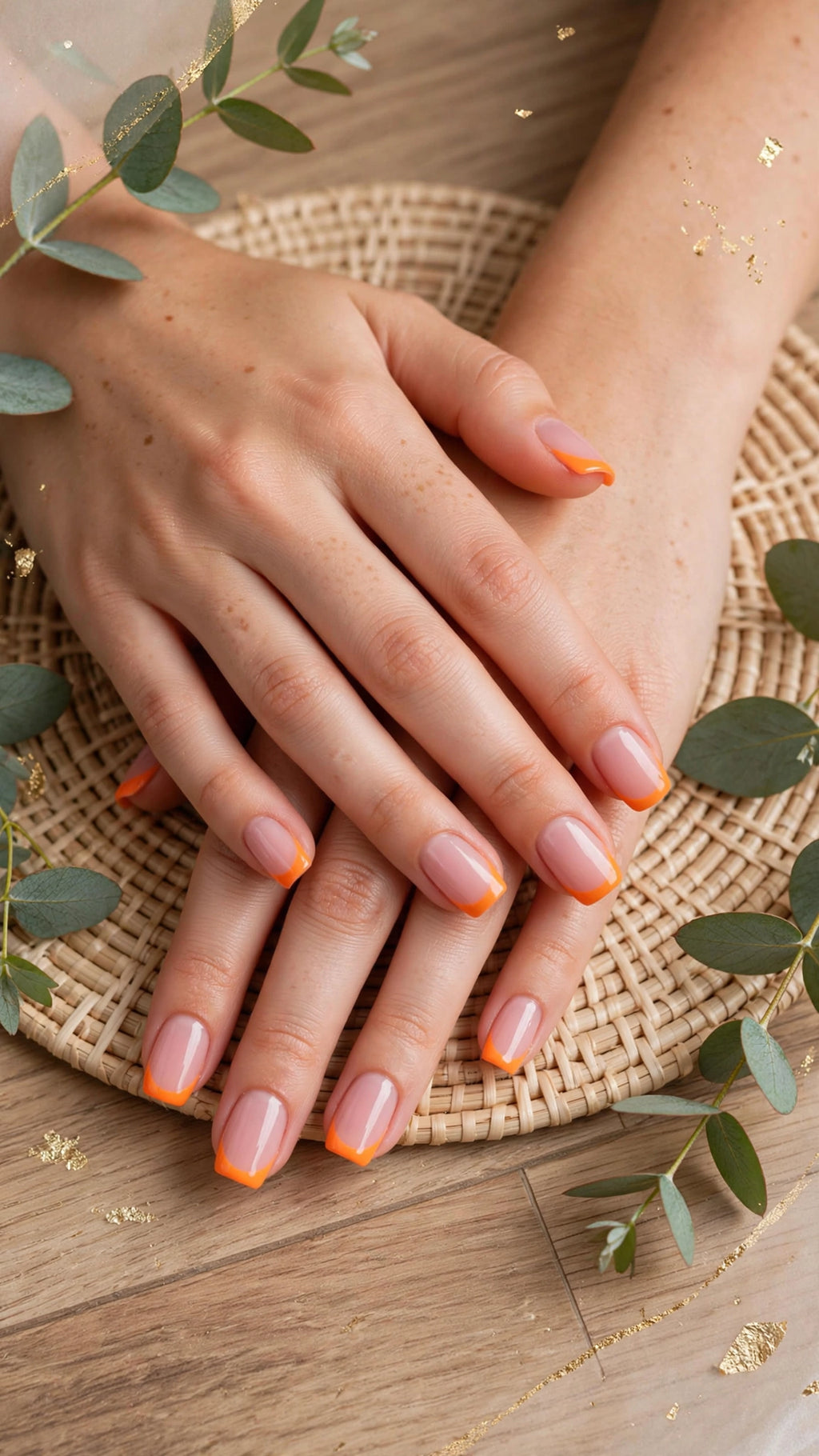 Square Press-On Nails – Fluorescent Orange & Nude French Edge (10pcs, 3 Sizes)