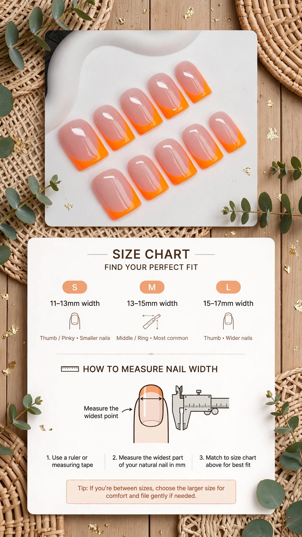 Square Press-On Nails – Fluorescent Orange & Nude French Edge (10pcs, 3 Sizes)