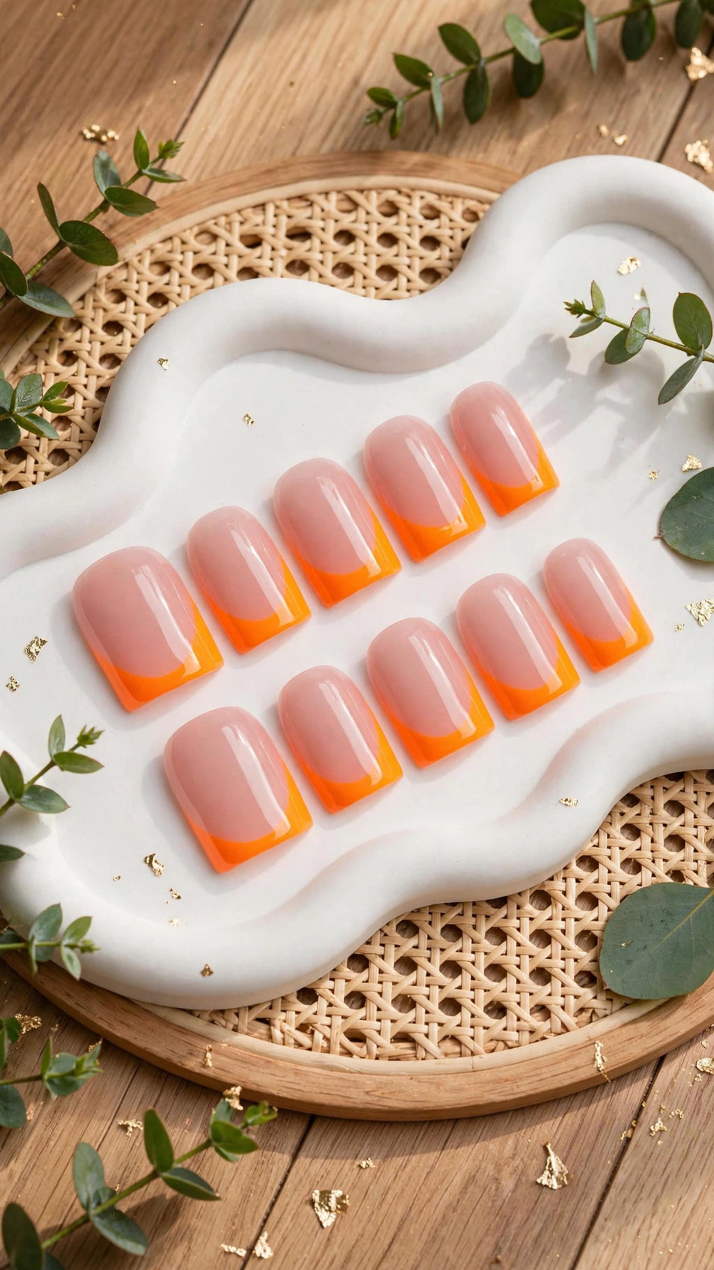 Square Press-On Nails – Fluorescent Orange & Nude French Edge (10pcs, 3 Sizes)