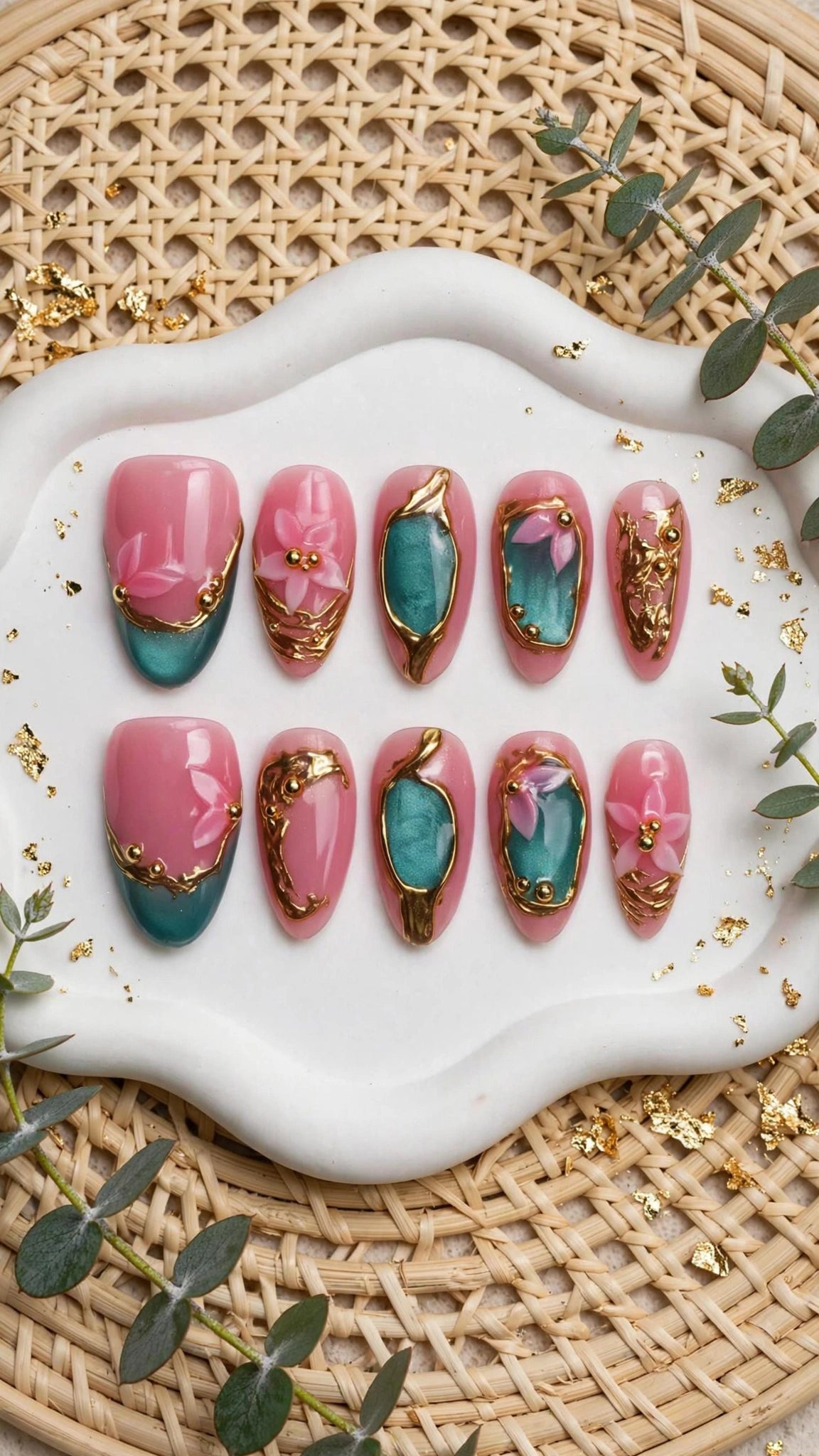 Press-On Nails – Nude, Blue & Gold with French Tips | Cat Eye & Liquid Metal Design