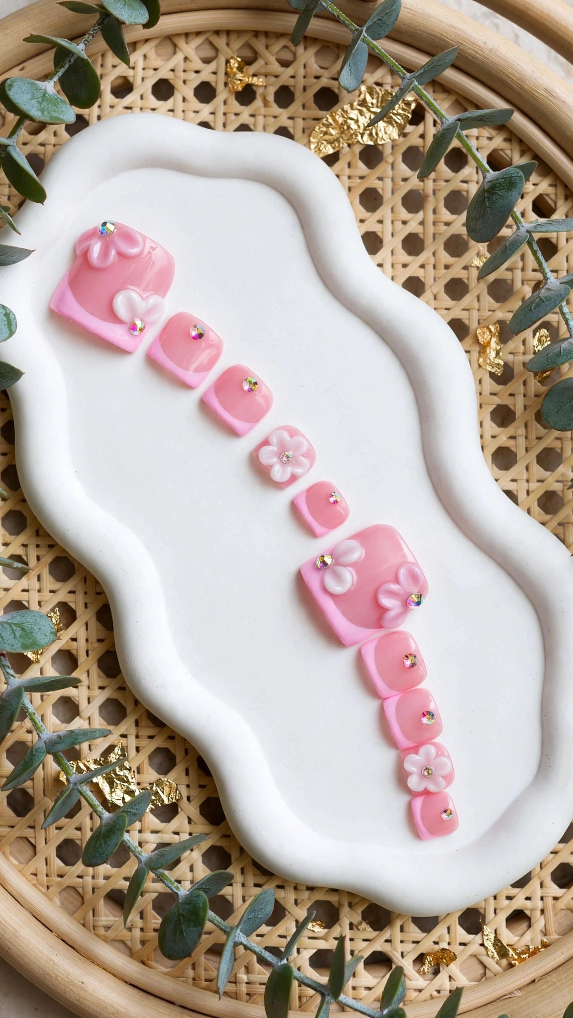 Handmade Press-On Nails – Nude & Pink Floral French Tips
