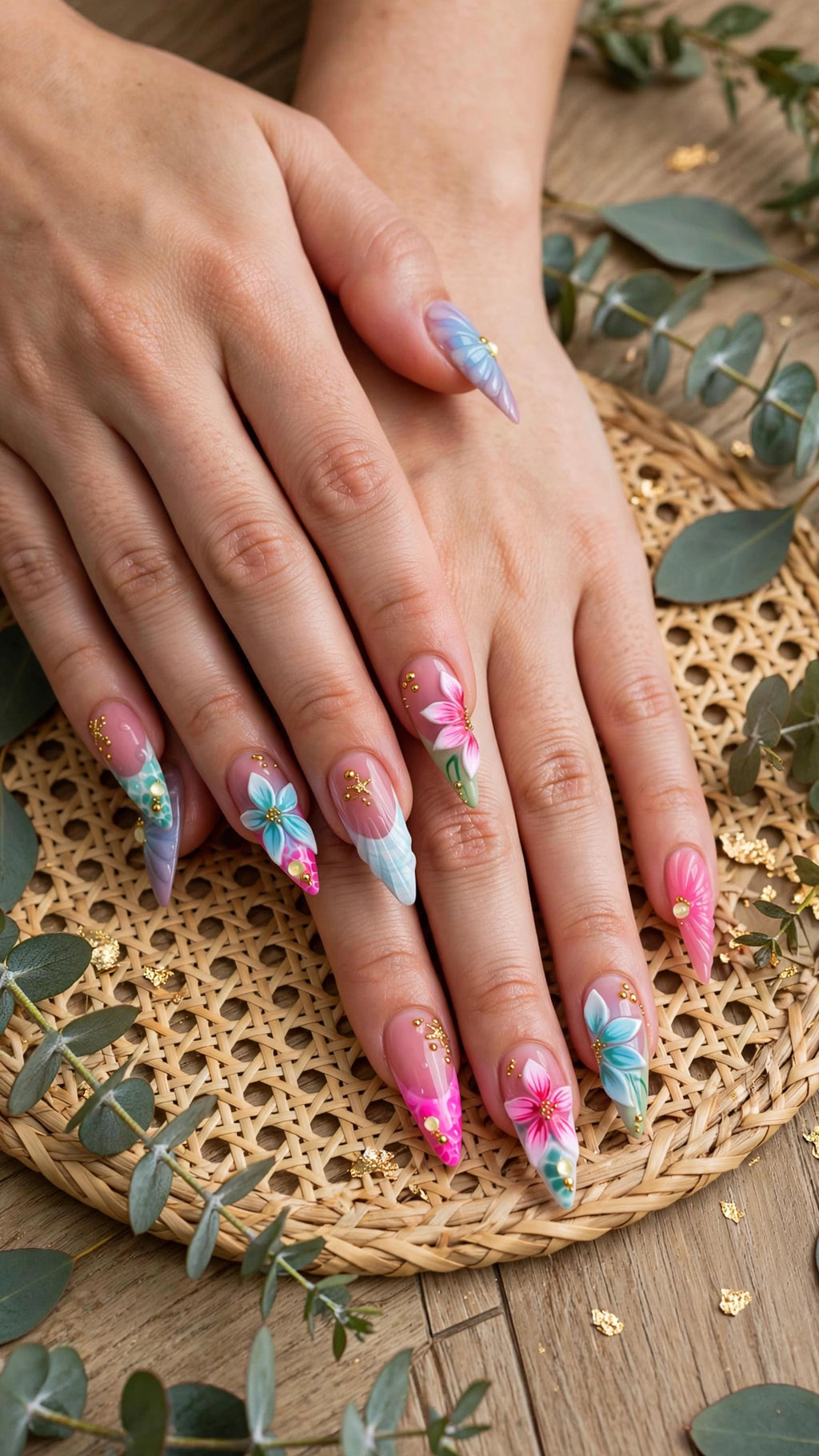 Almond-Shaped Press-On Nails – Nude, Pink, Blue & Red with French Tips