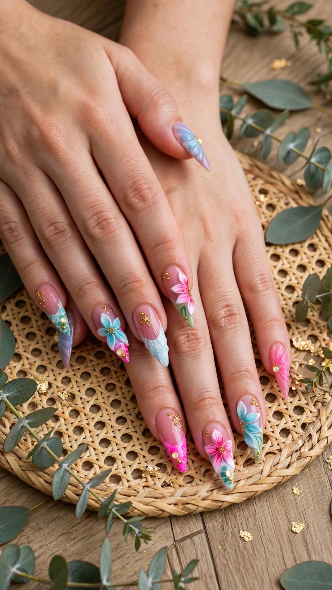 Almond-Shaped Press-On Nails – Nude, Pink, Blue & Red with French Tips