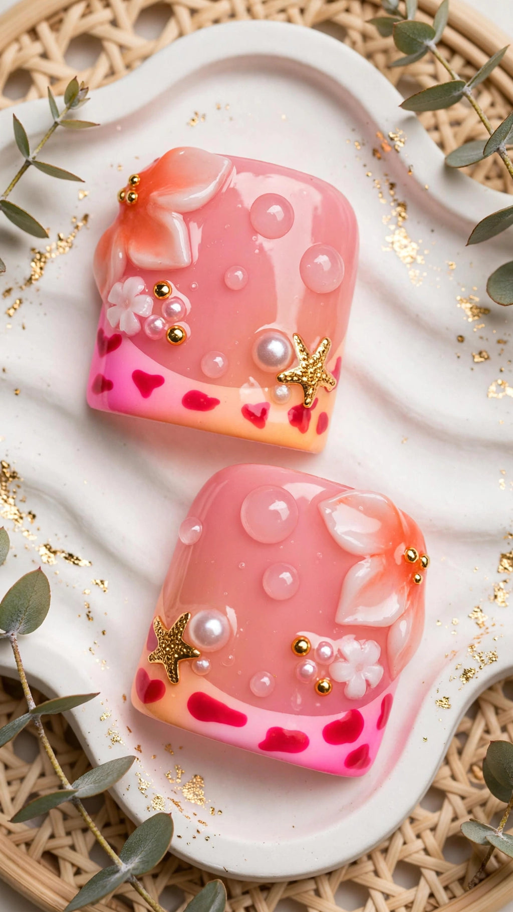 Handmade Press-On Nails – Nude & Pink with French Tips | Cow Print, Starfish & Pearl Design
