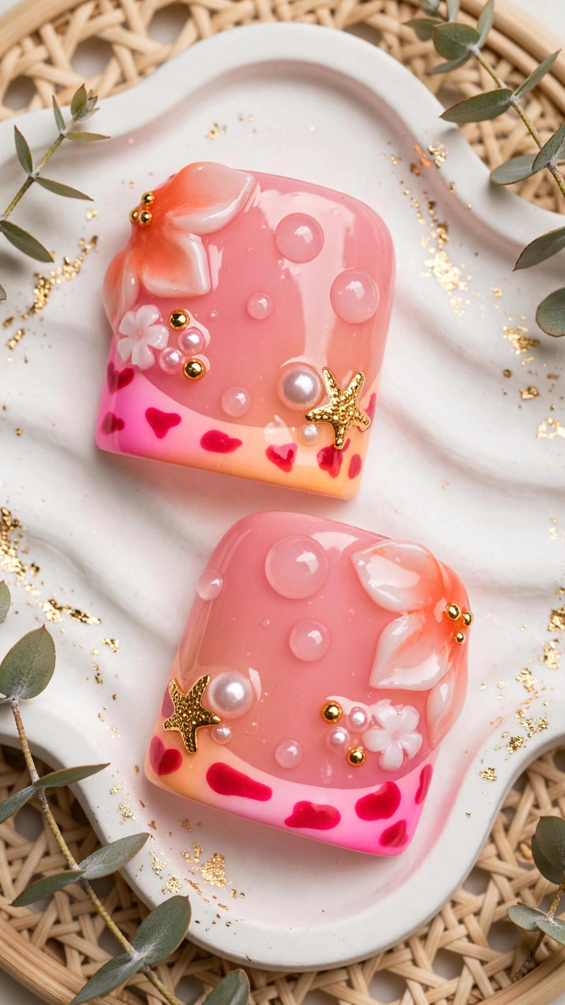 Handmade Press-On Nails – Nude & Pink with French Tips | Cow Print, Starfish & Pearl Design