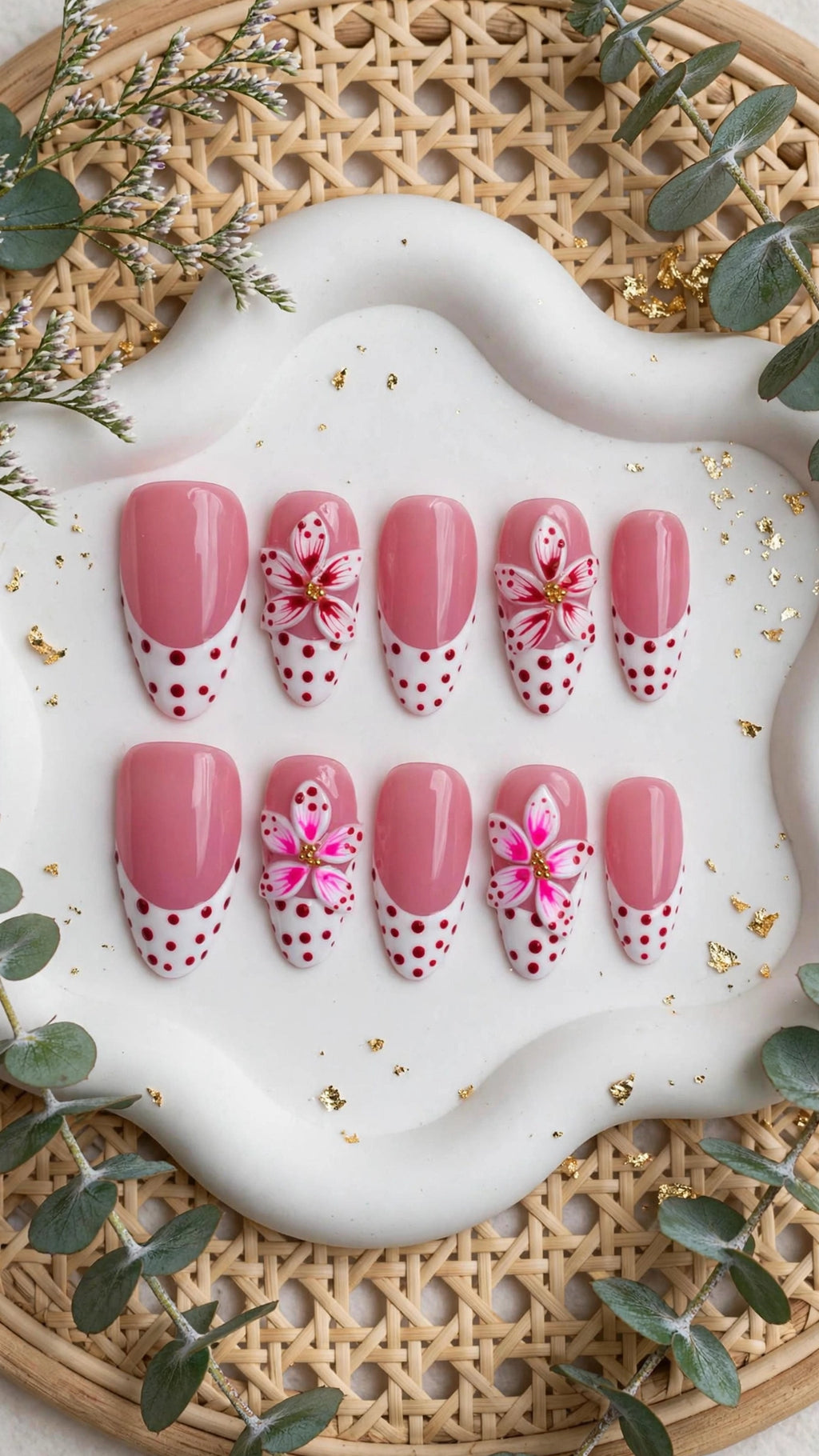 Almond-Shaped Press-On Nails – Nude & White with French Tips | Polka Dots & Carved Design