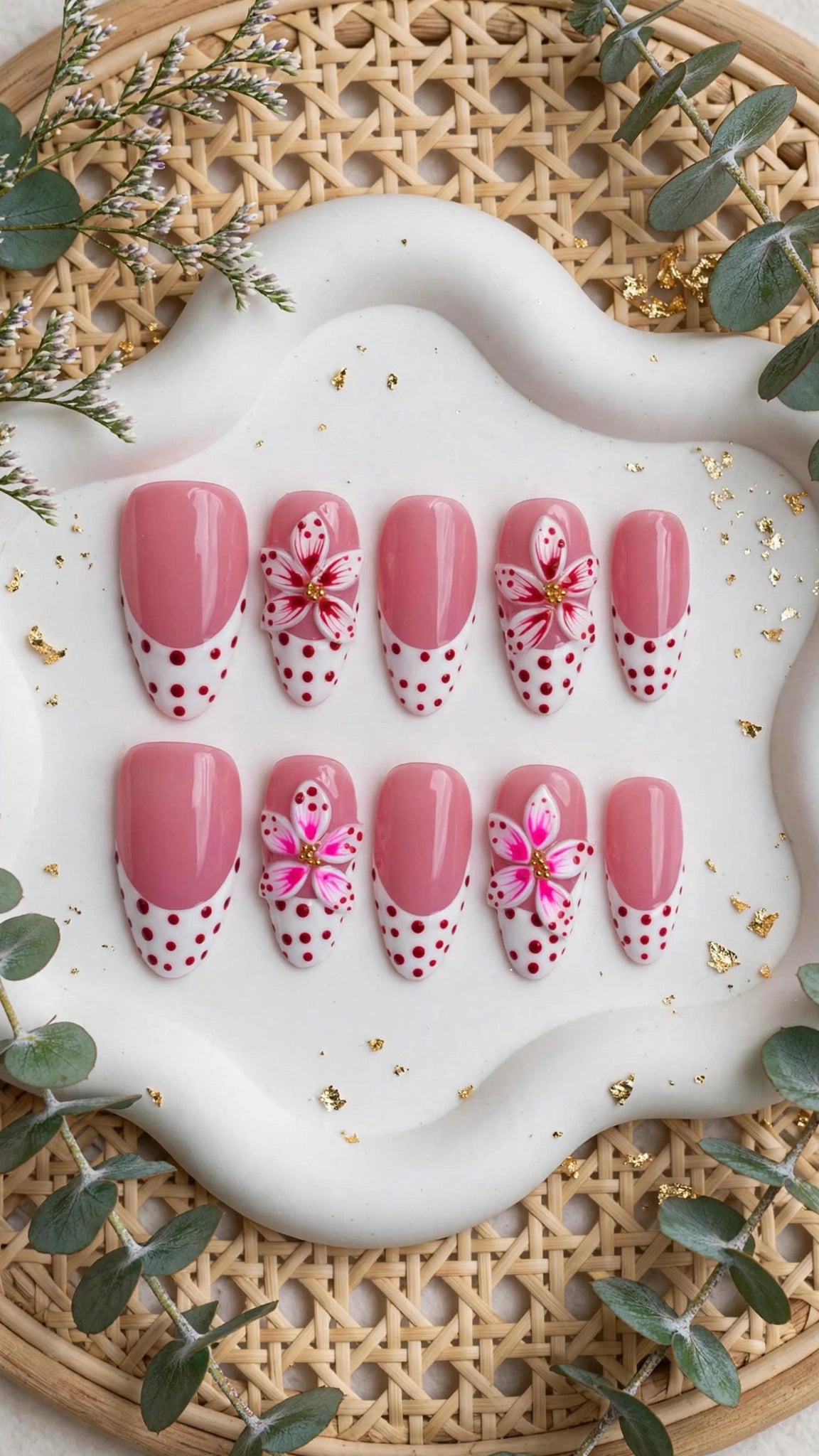 Almond-Shaped Press-On Nails – Nude & White with French Tips | Polka Dots & Carved Design