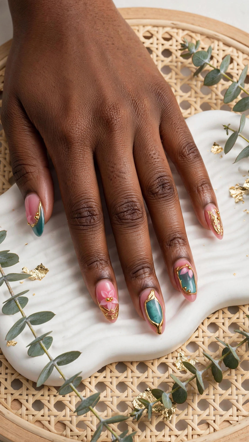 Press-On Nails – Nude, Blue & Gold with French Tips | Cat Eye & Liquid Metal Design