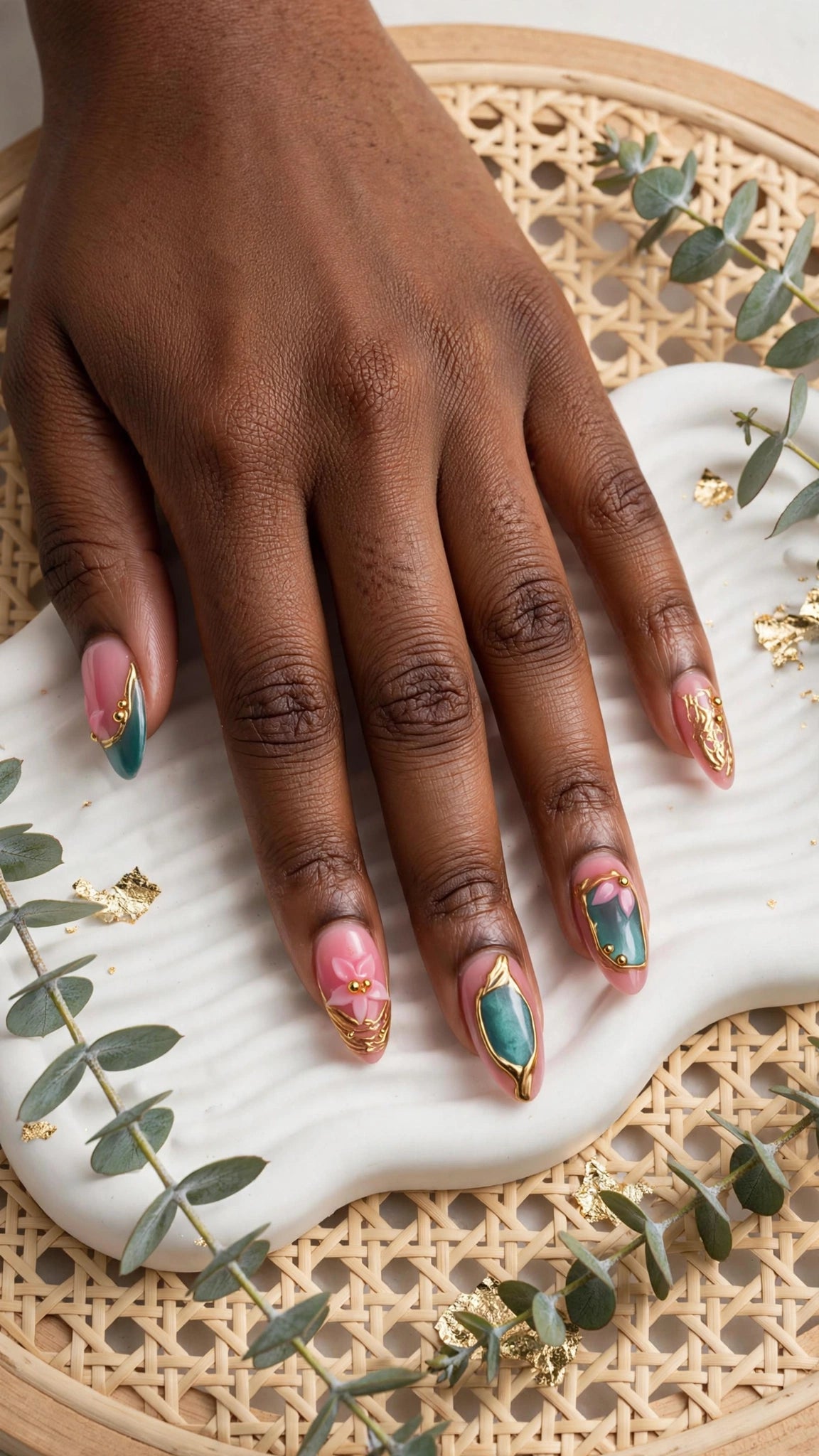 Press-On Nails – Nude, Blue & Gold with French Tips | Cat Eye & Liquid Metal Design