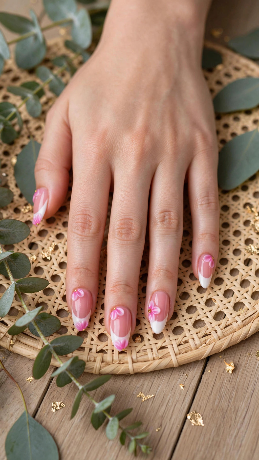 Almond-Shaped Press-On Nails – White & Nude French Tip with Carved Design (10pcs)