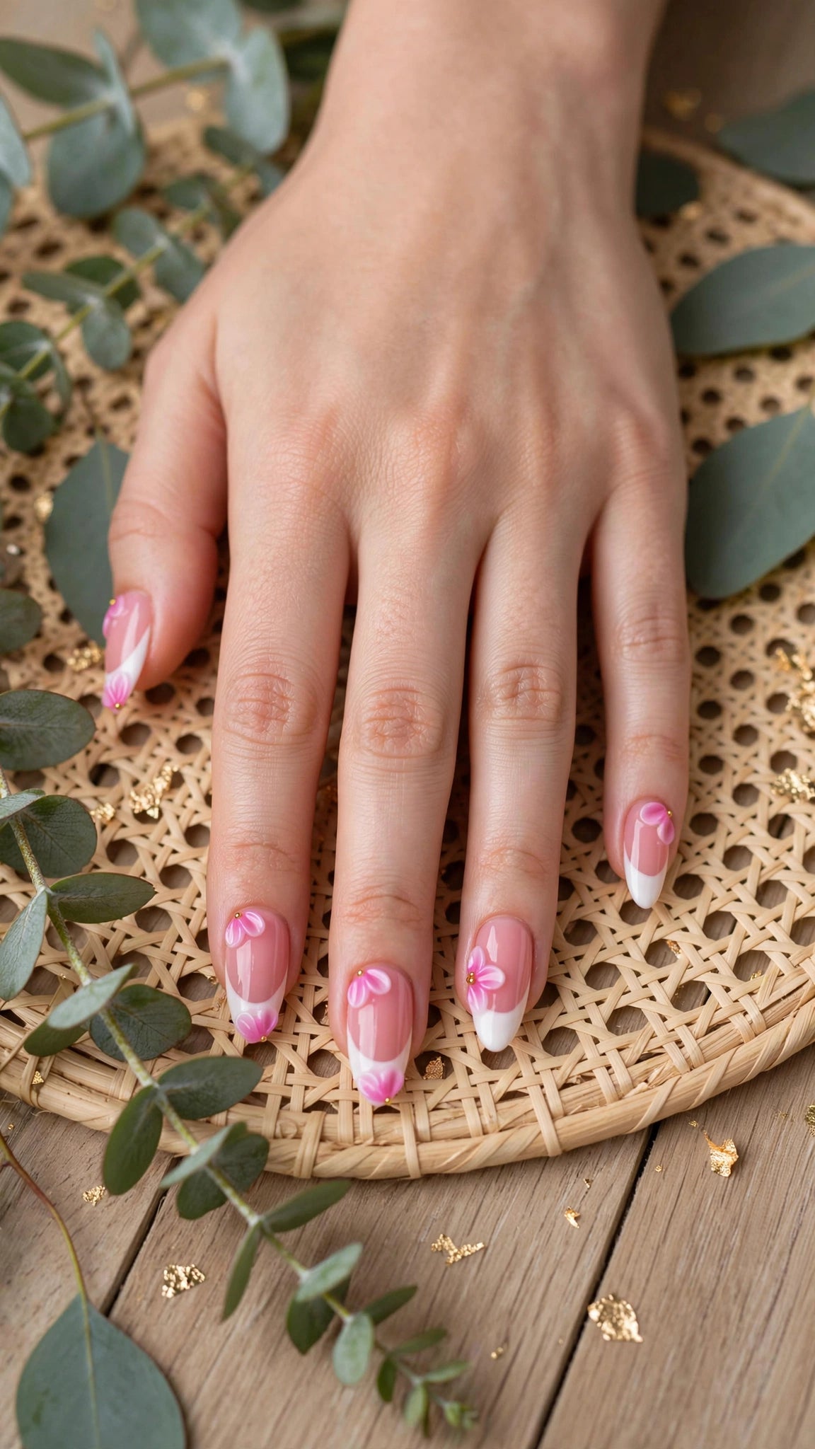 Almond-Shaped Press-On Nails – White & Nude French Tip with Carved Design (10pcs)